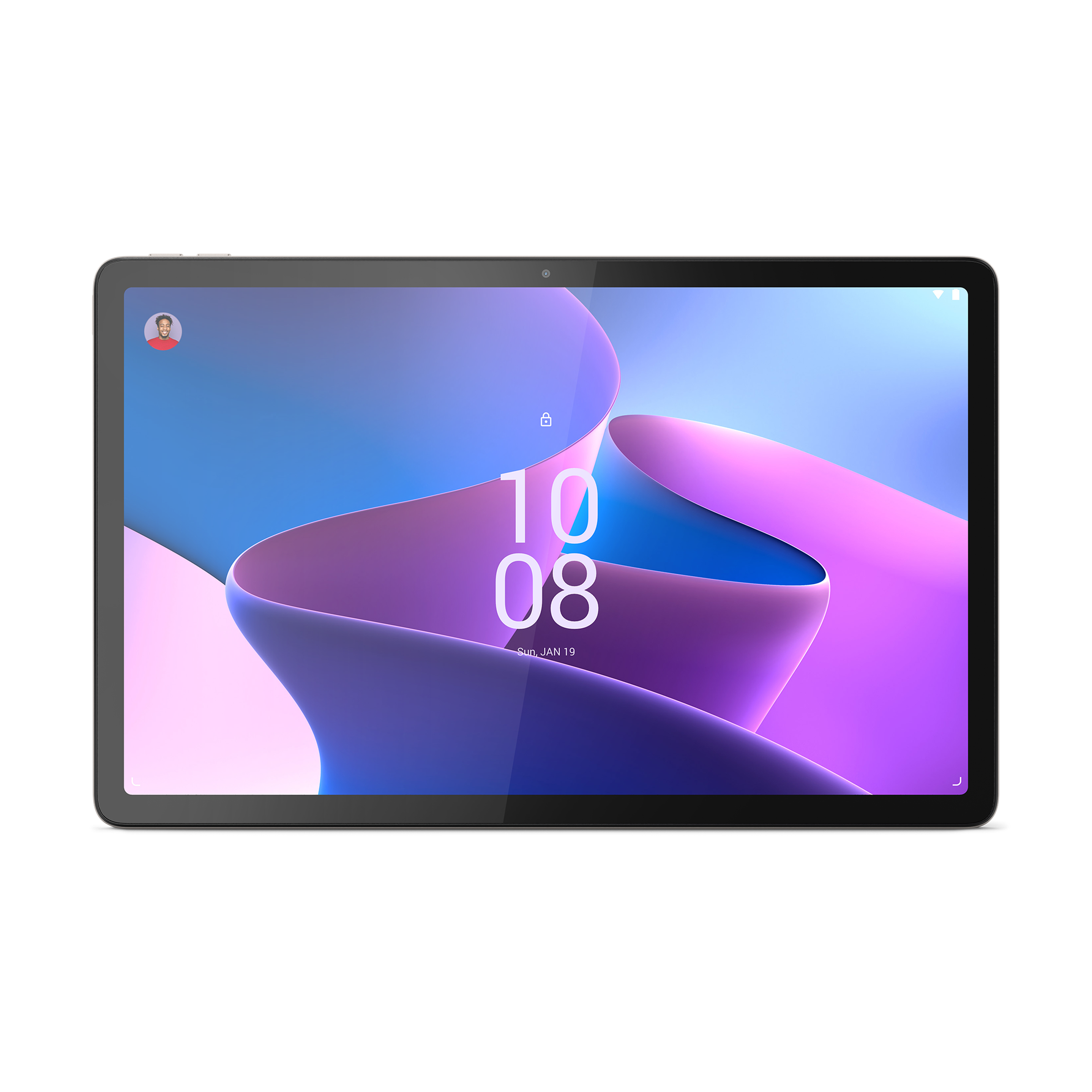 The Lenovo Tab P11 Pro on a white background displaying a blue and purple lock screen.