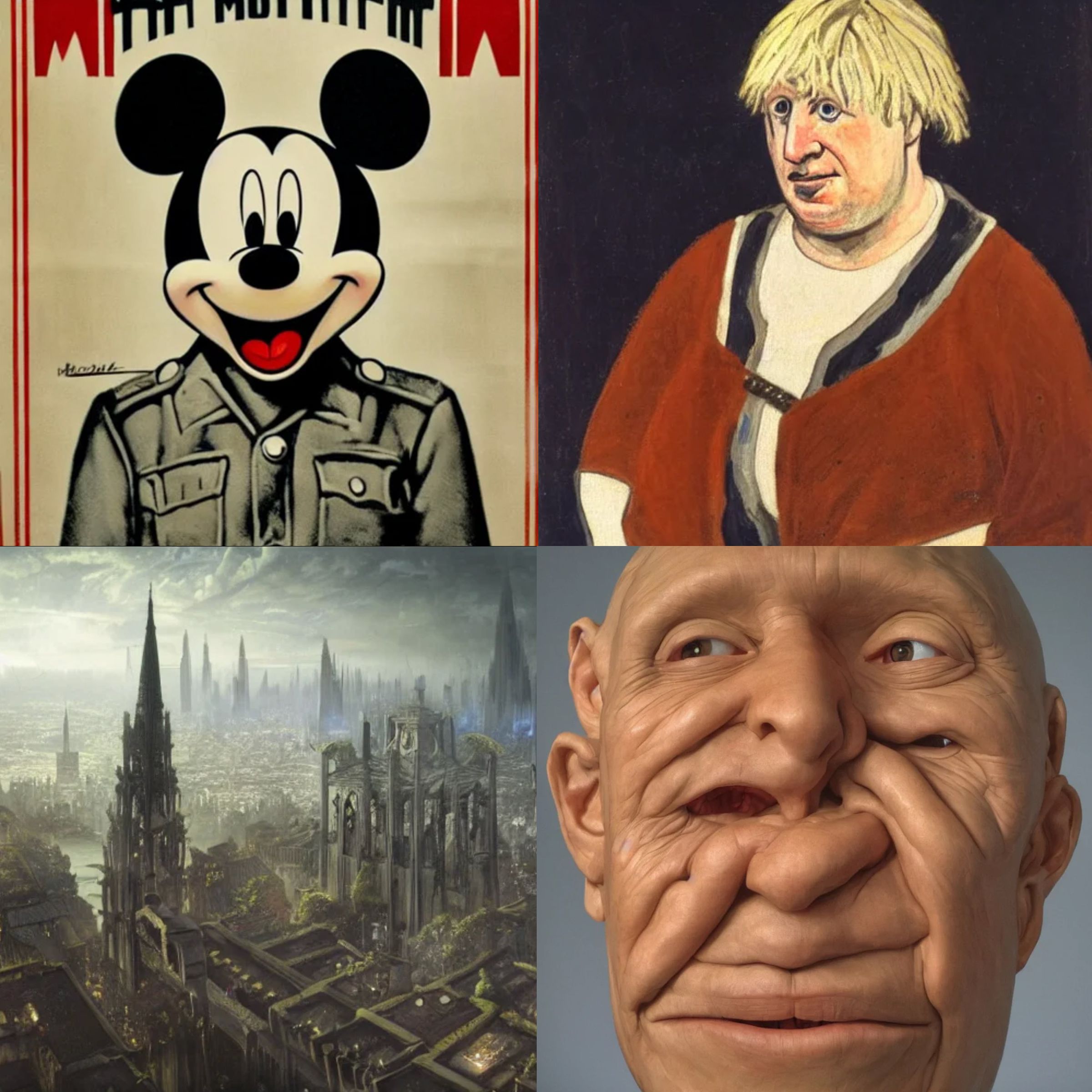 Stable Diffusion is notable for the quality of its output and its ability to reproduce and combine a range of styles, copyrighted imagery, and public figures. Top-left is “Mickey Mouse WW2 Propaganda poster,” and top-right is “Boris Johnson as 12th century peasant, oil painting.”