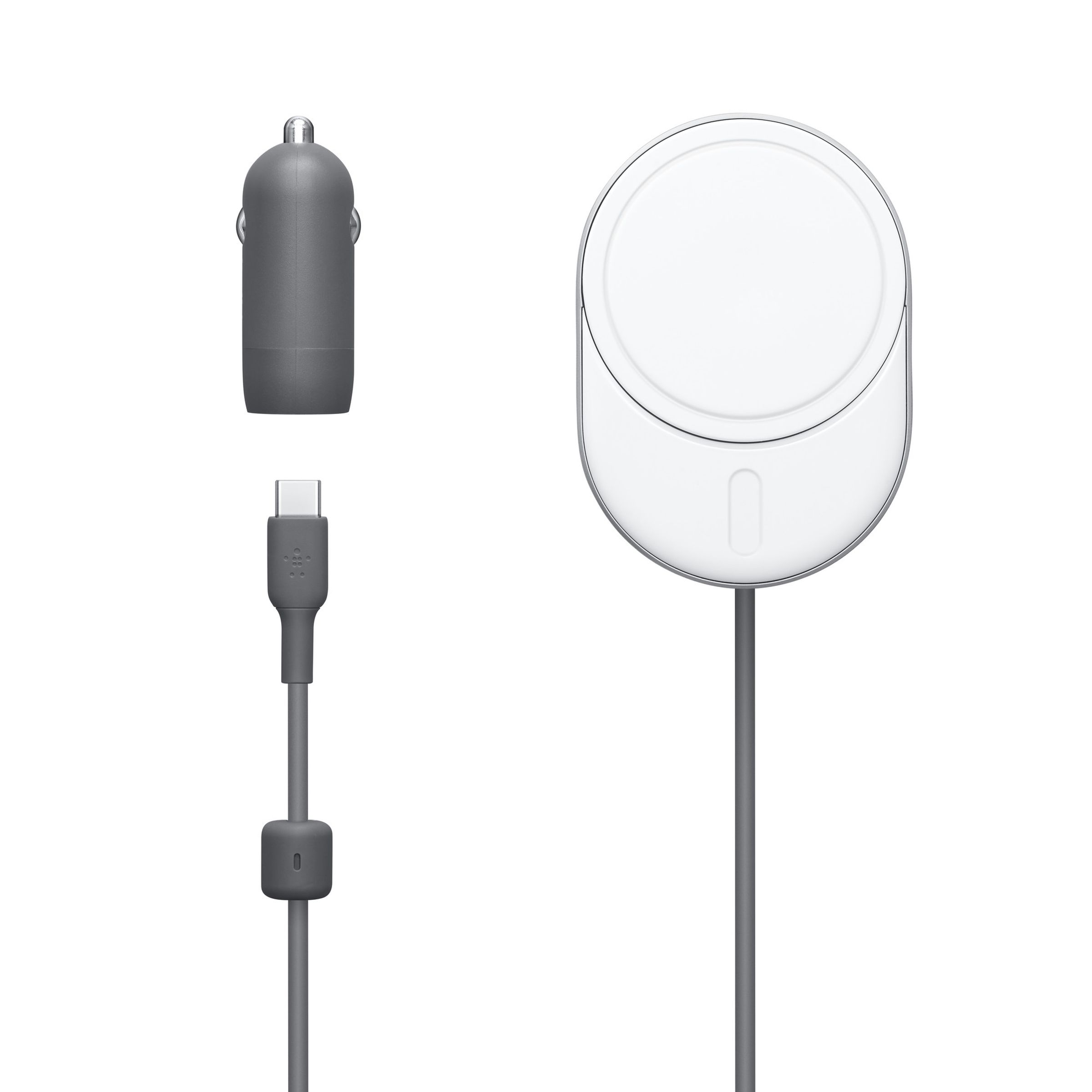 Image of the Belkin charging pad, its integrated USB-C cable, and the car charger adapter.