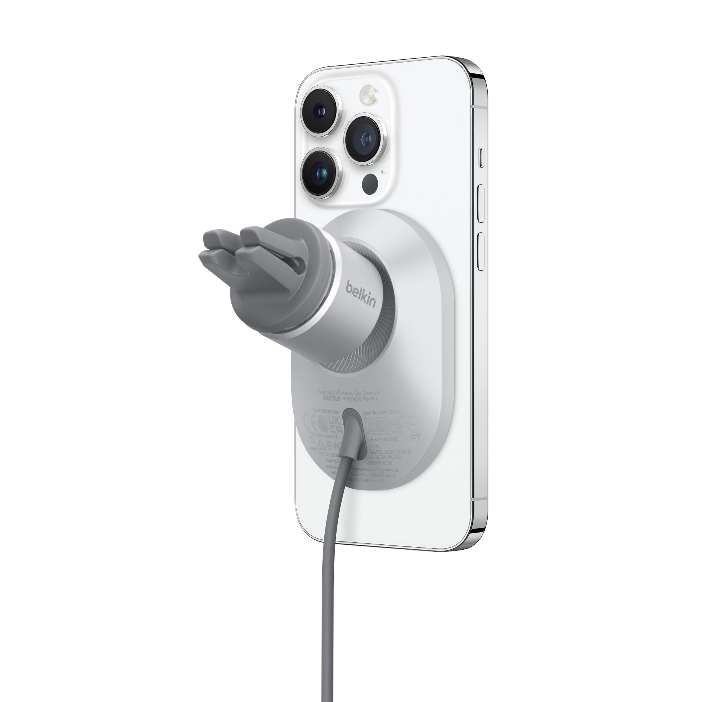 Image of an iPhone mounted to the Belkin charger.
