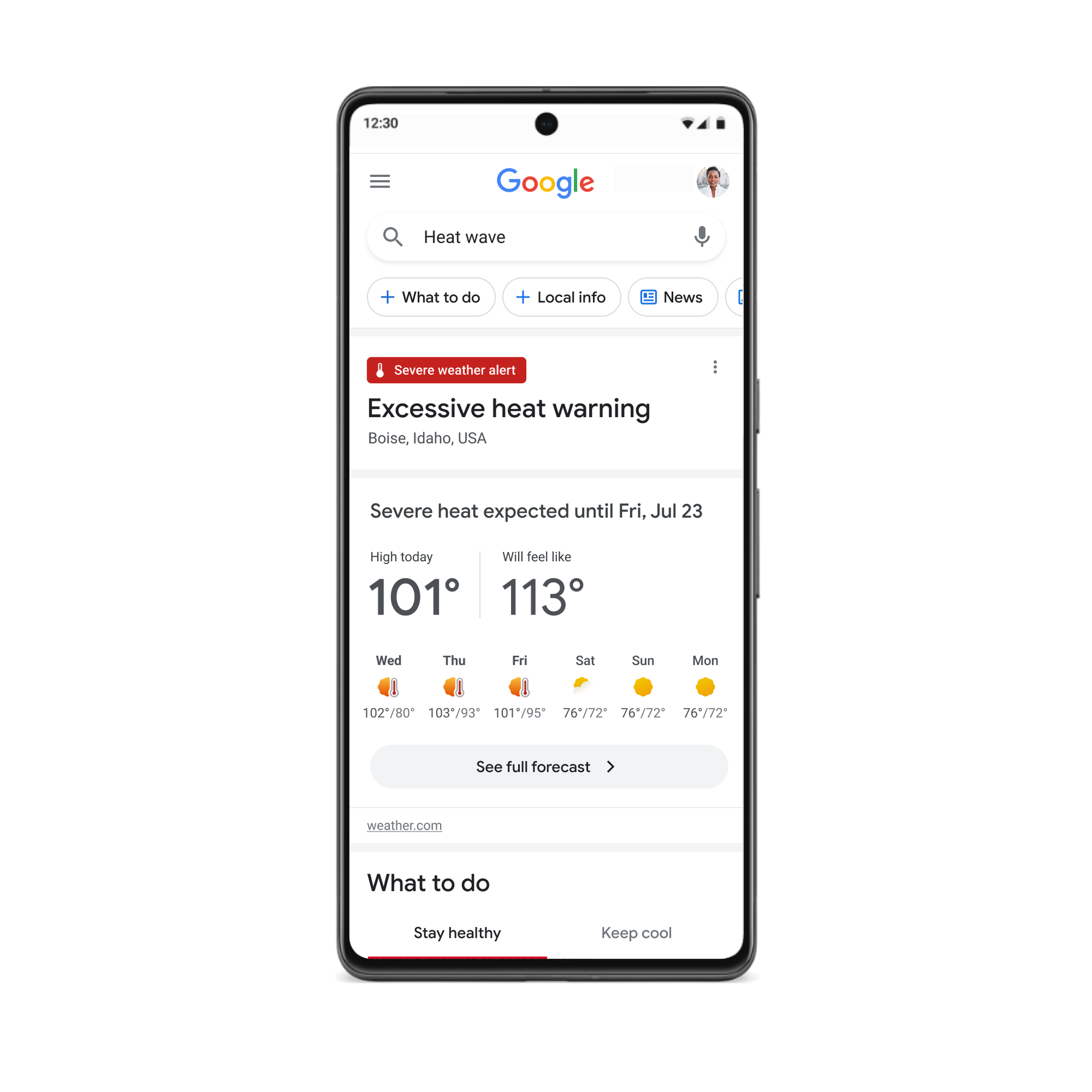 A phone displays the Google Search webpage, with an ‘excessive heat warning’ label at the top and information on the weather forecast below.