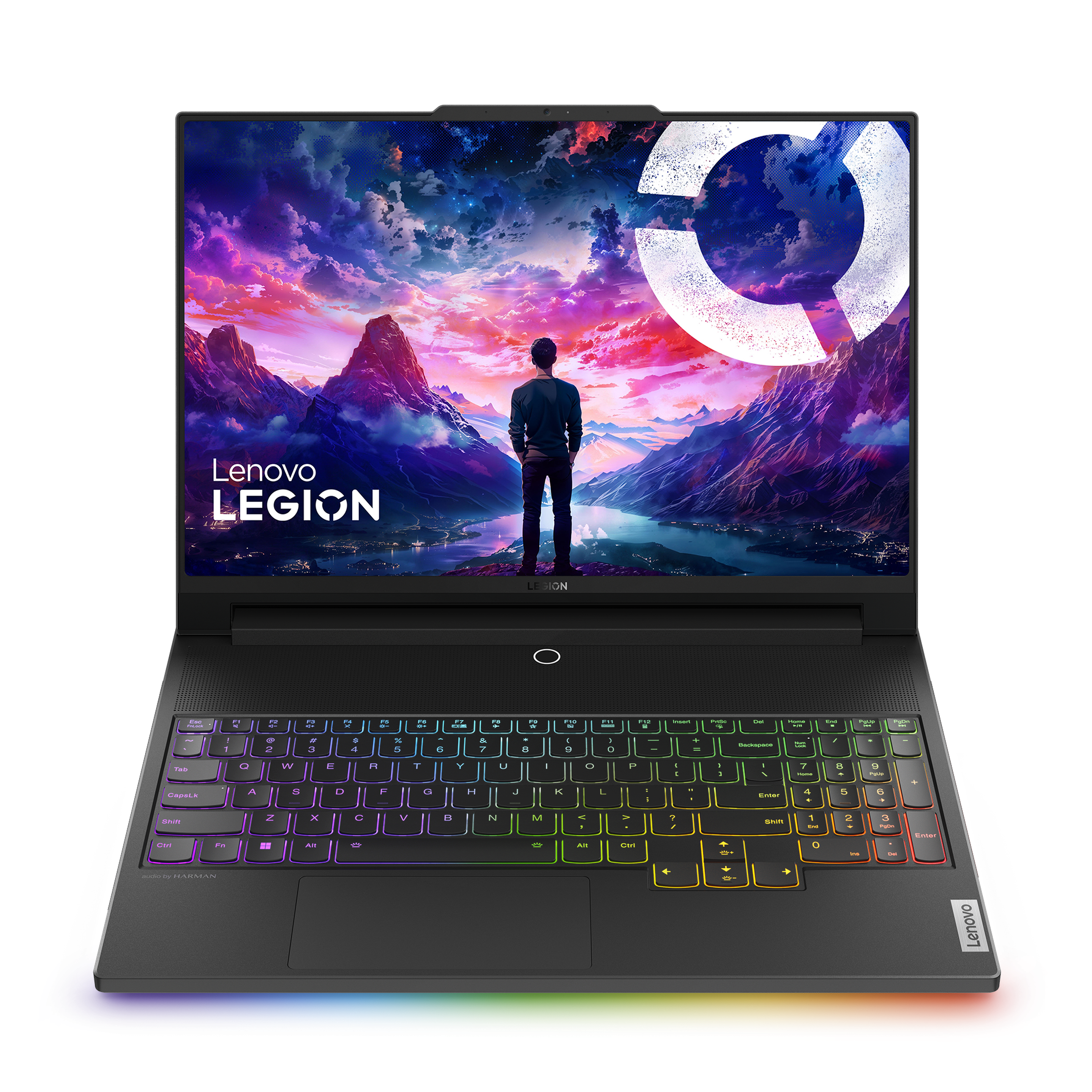 The Lenovo Legion displays a picture of a figure standing in a mountainous setting over a white background.