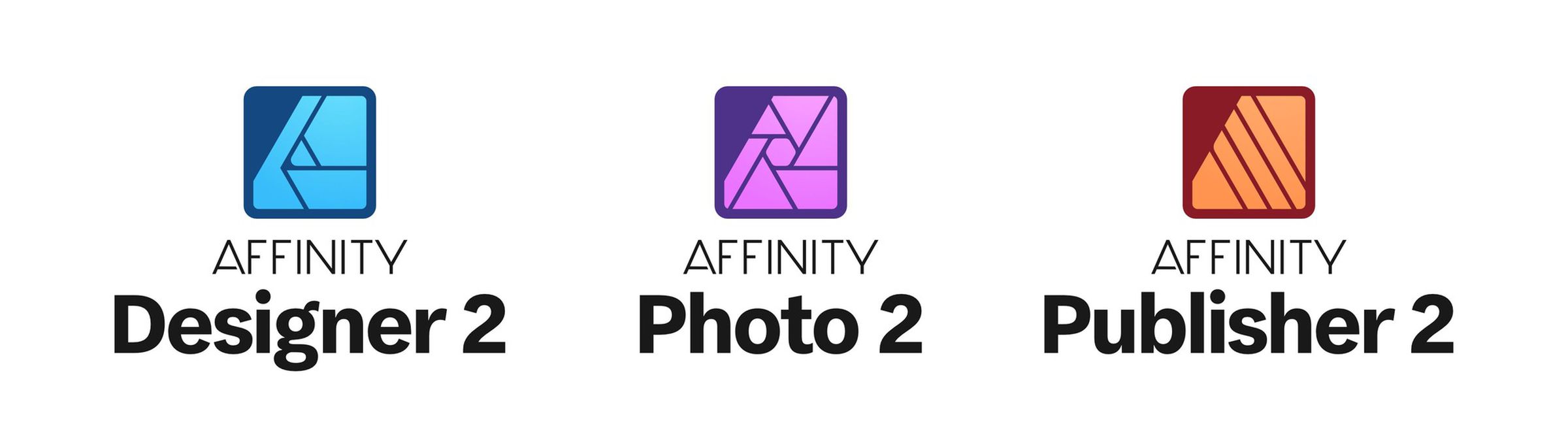The new Affinity Designer 2, Affinity Photo2, and Affinity Publisher 2 logos.