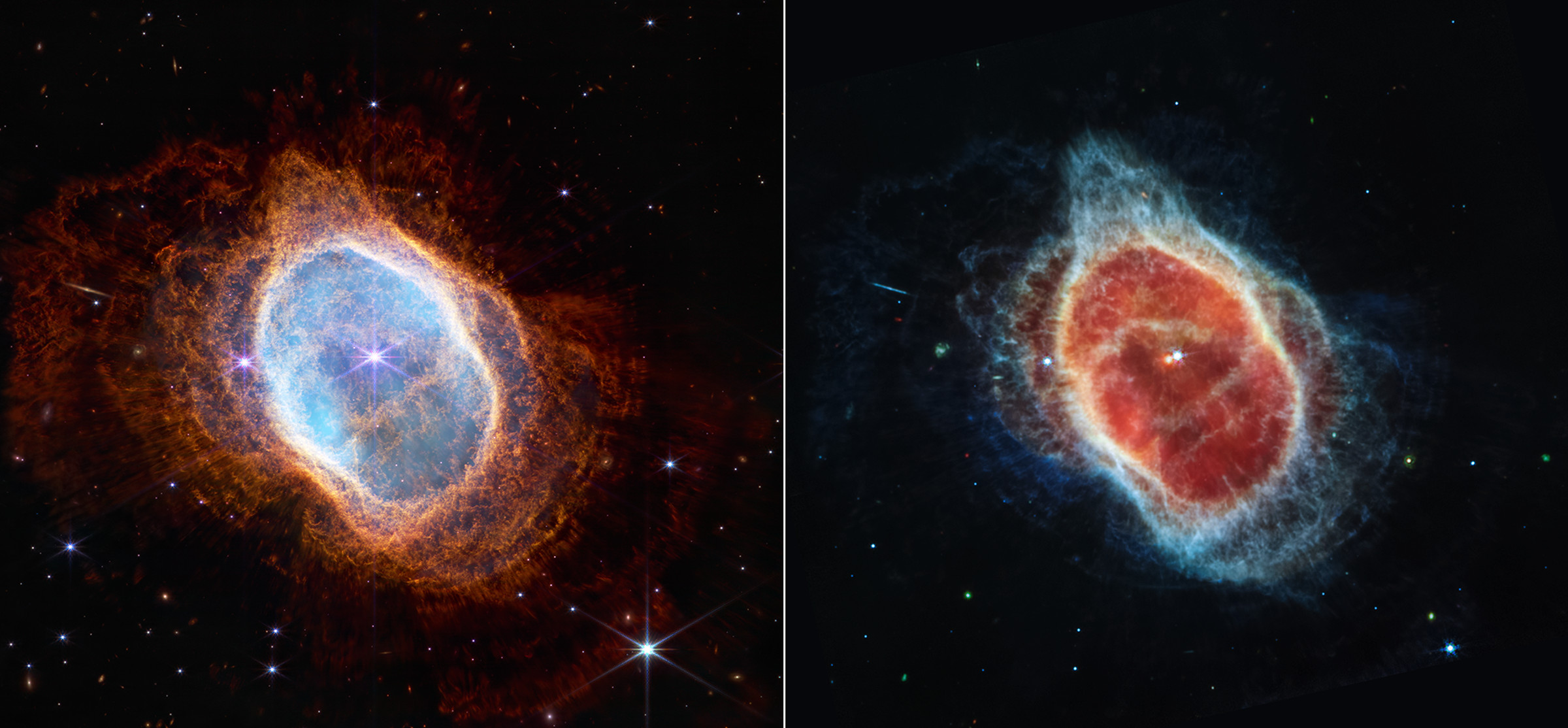 Two JWST views of the Southern Ring Nebula.