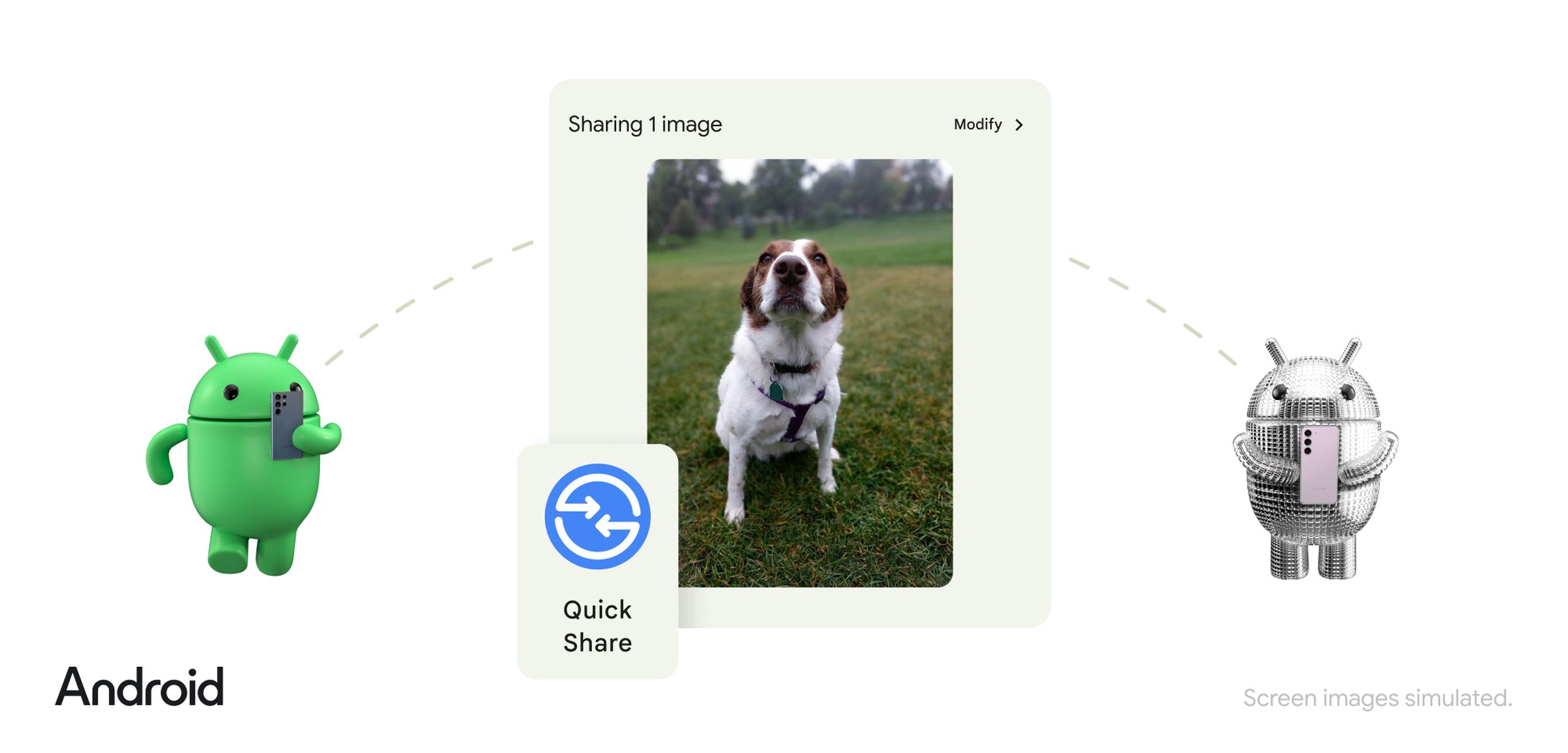 Graphic showing Android robots using Samsung phones sharing a photo of a dog.