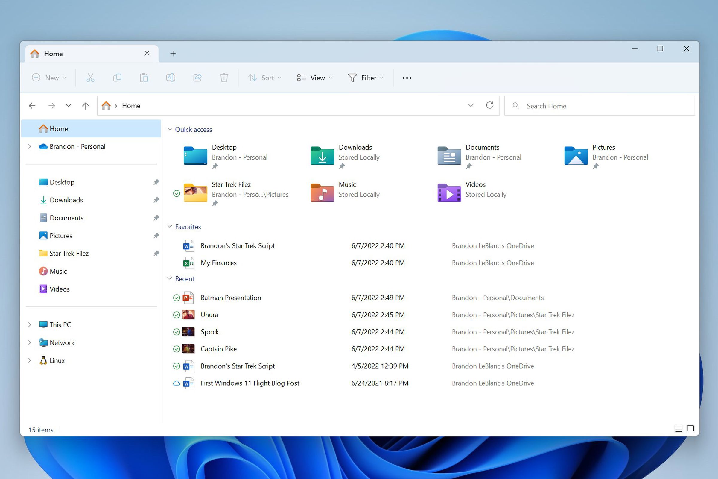 Windows 11 File Explorer with a Home page and Tabs