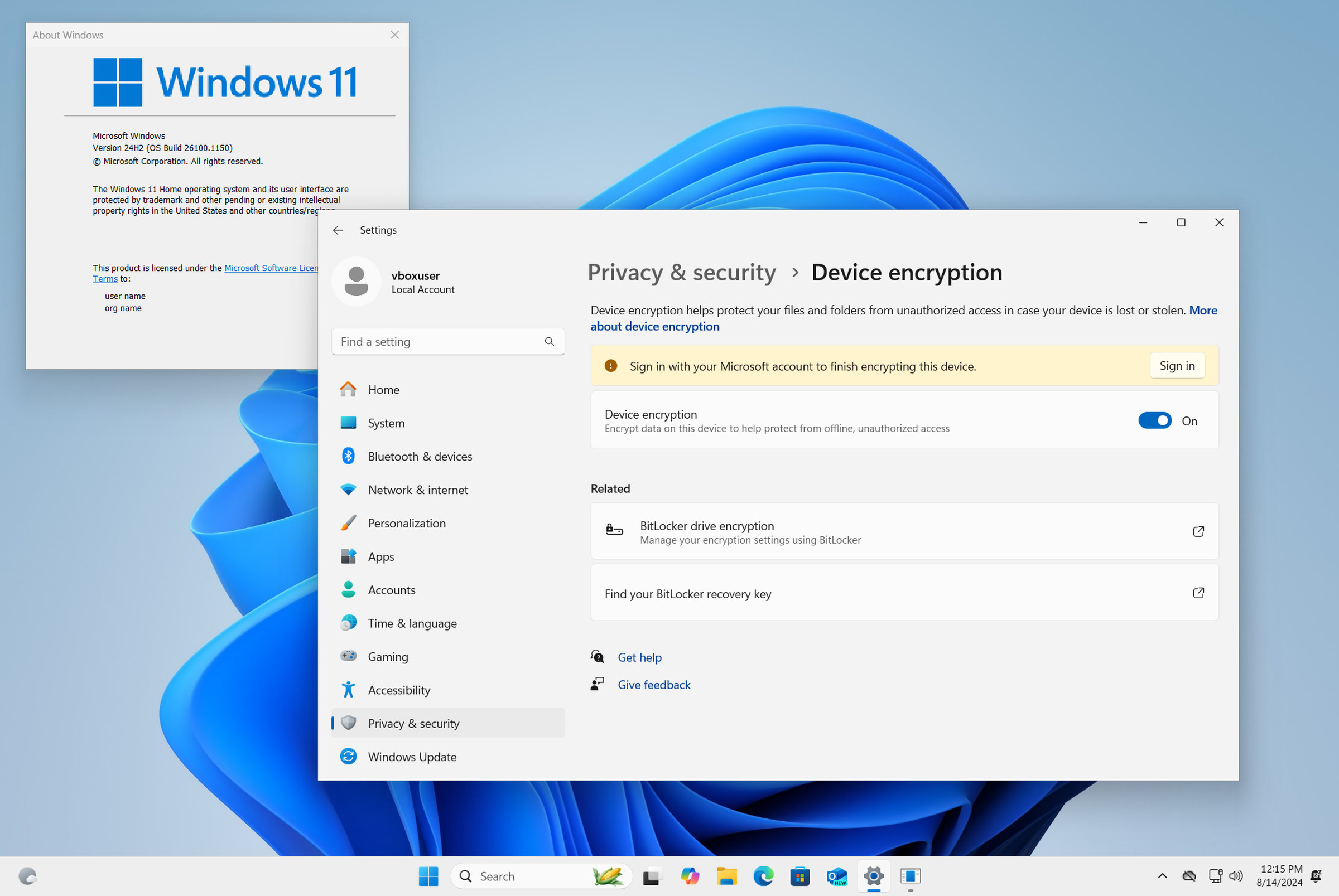 Screenshot of Windows 11’s device encryption