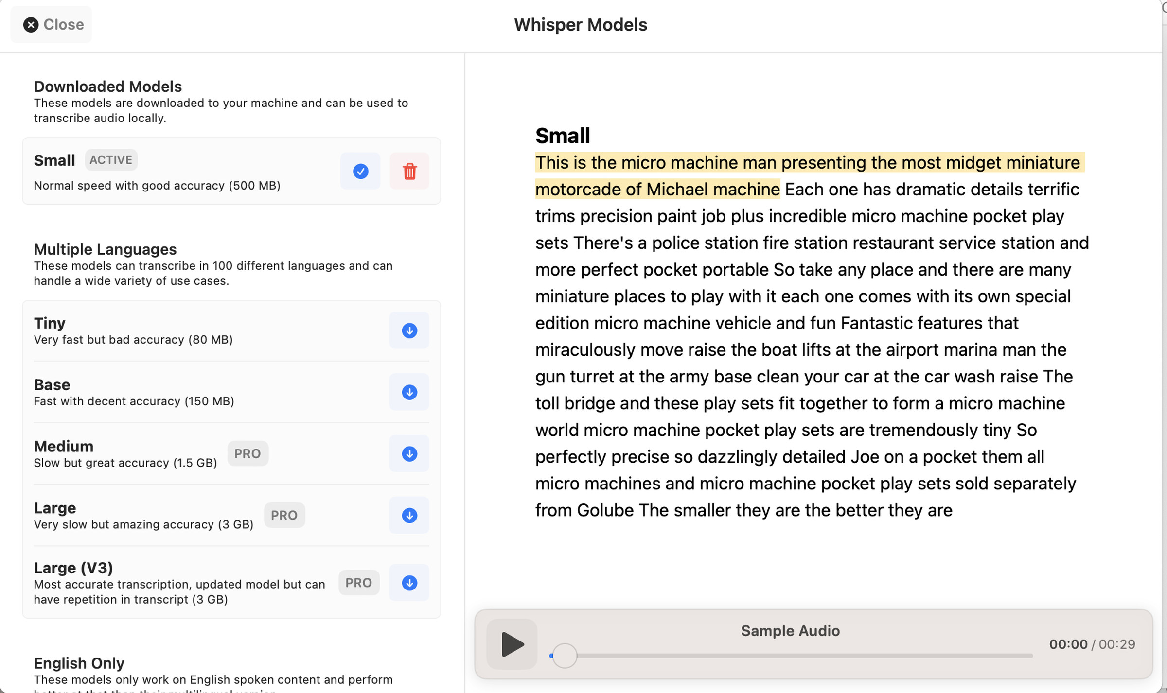 Whisper page with different models (such as Tiny, Base, Medium, etc.) listed on the left, and a transcription of an advertisement on the right.