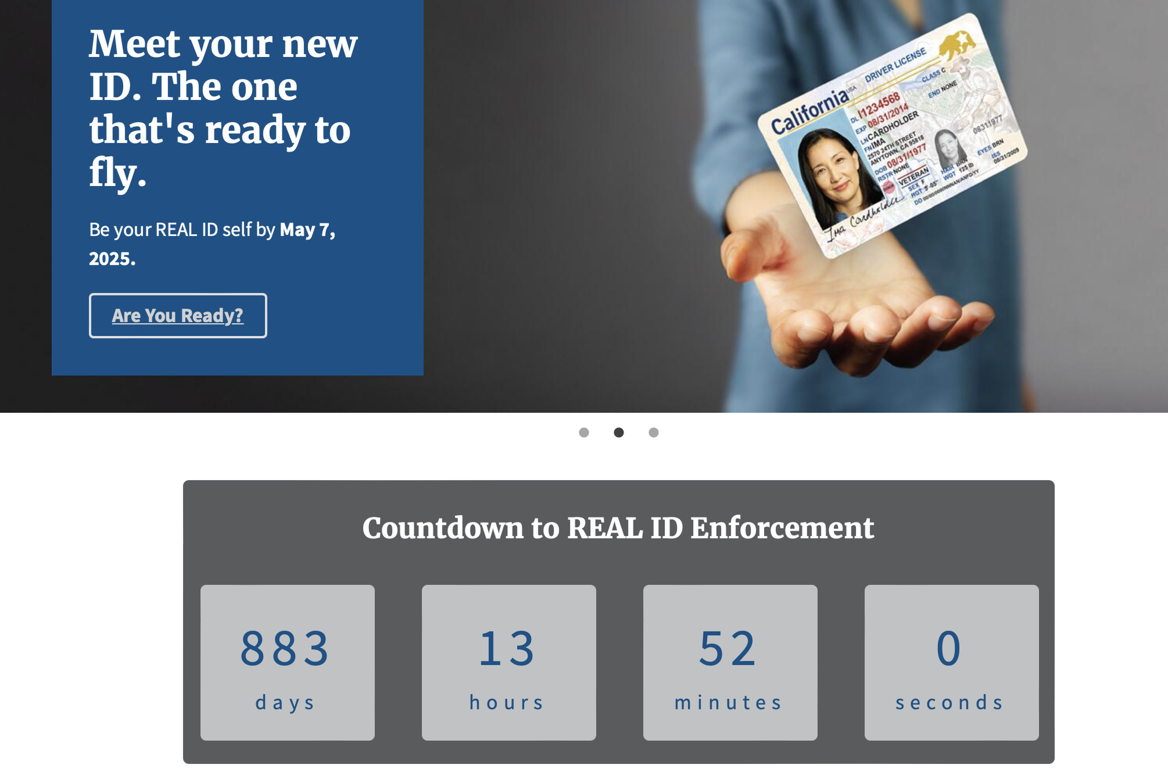 Screenshot of the DHS’ website, showing a countdown to real ID enforcement with 883 days remaining.