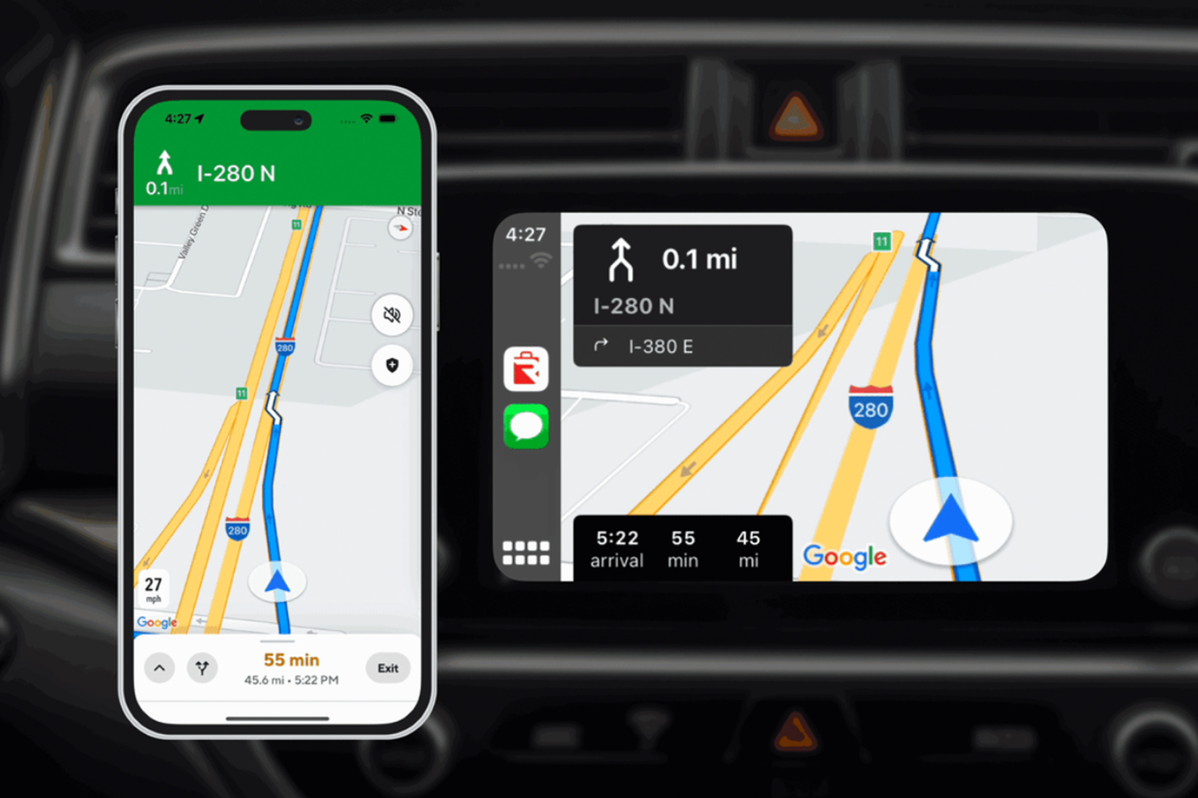 A picture showing an iPhone running the Dasher app’s navigation, while next to it, a car’s infotainment shows the same thing in Apple CarPlay