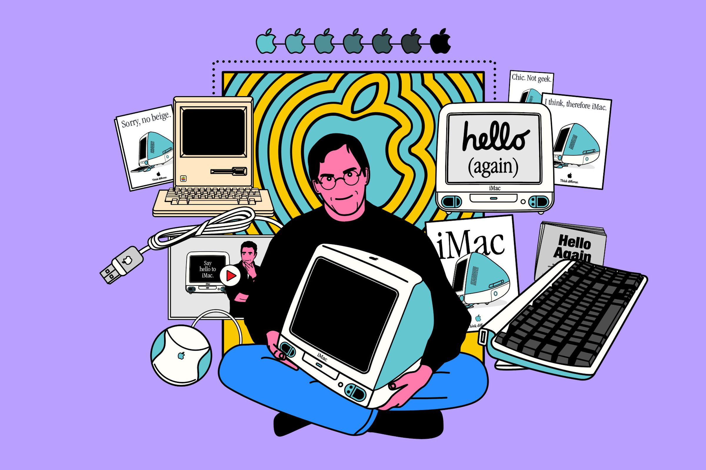 An illustration of Steve Jobs holding an iMac G3 with other vintage Apple products surrounding him on a light purple background.