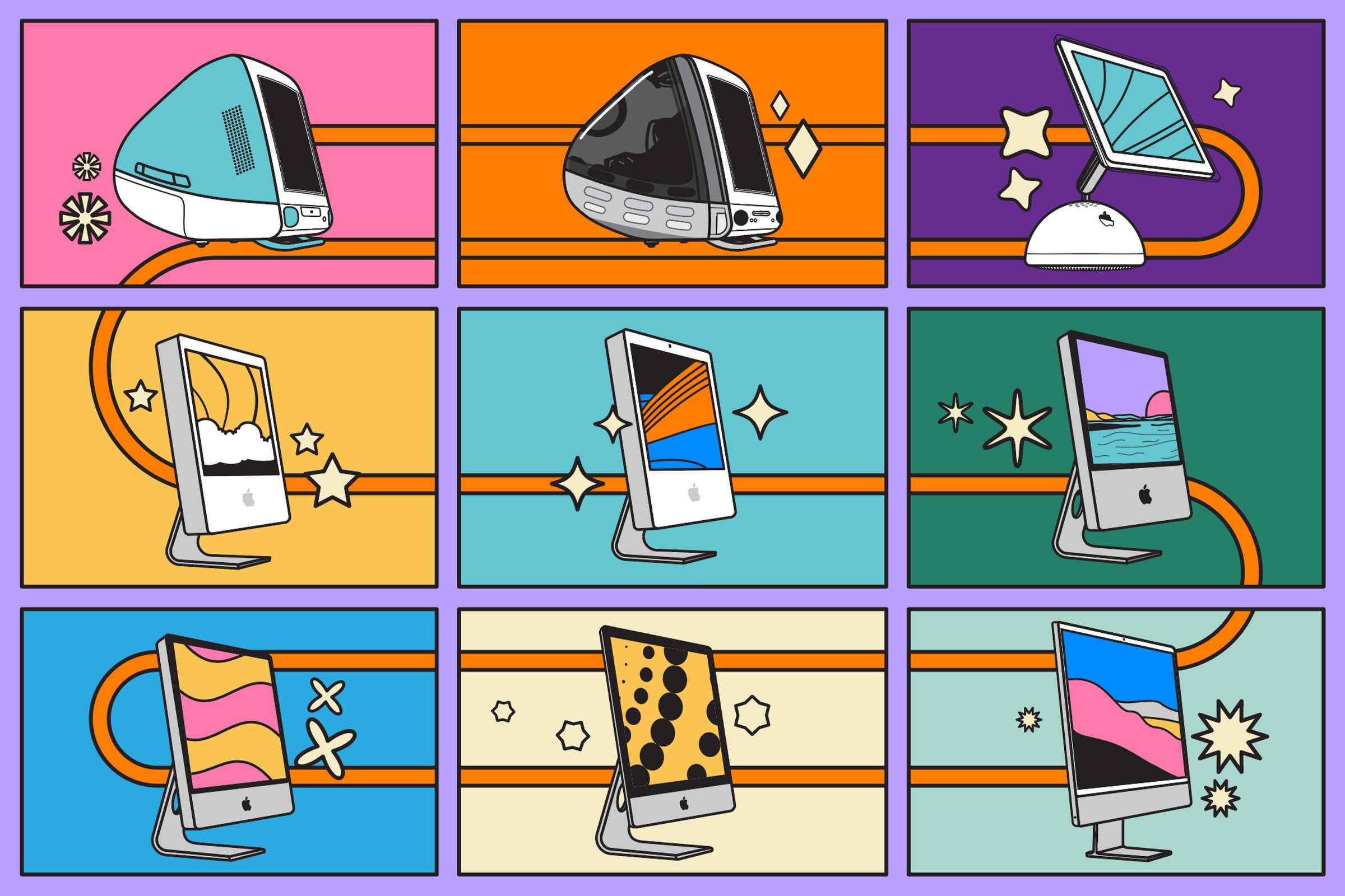 illustrations of each iMac design iteration in a grid of nine squares and a swirling line following them chronologically.