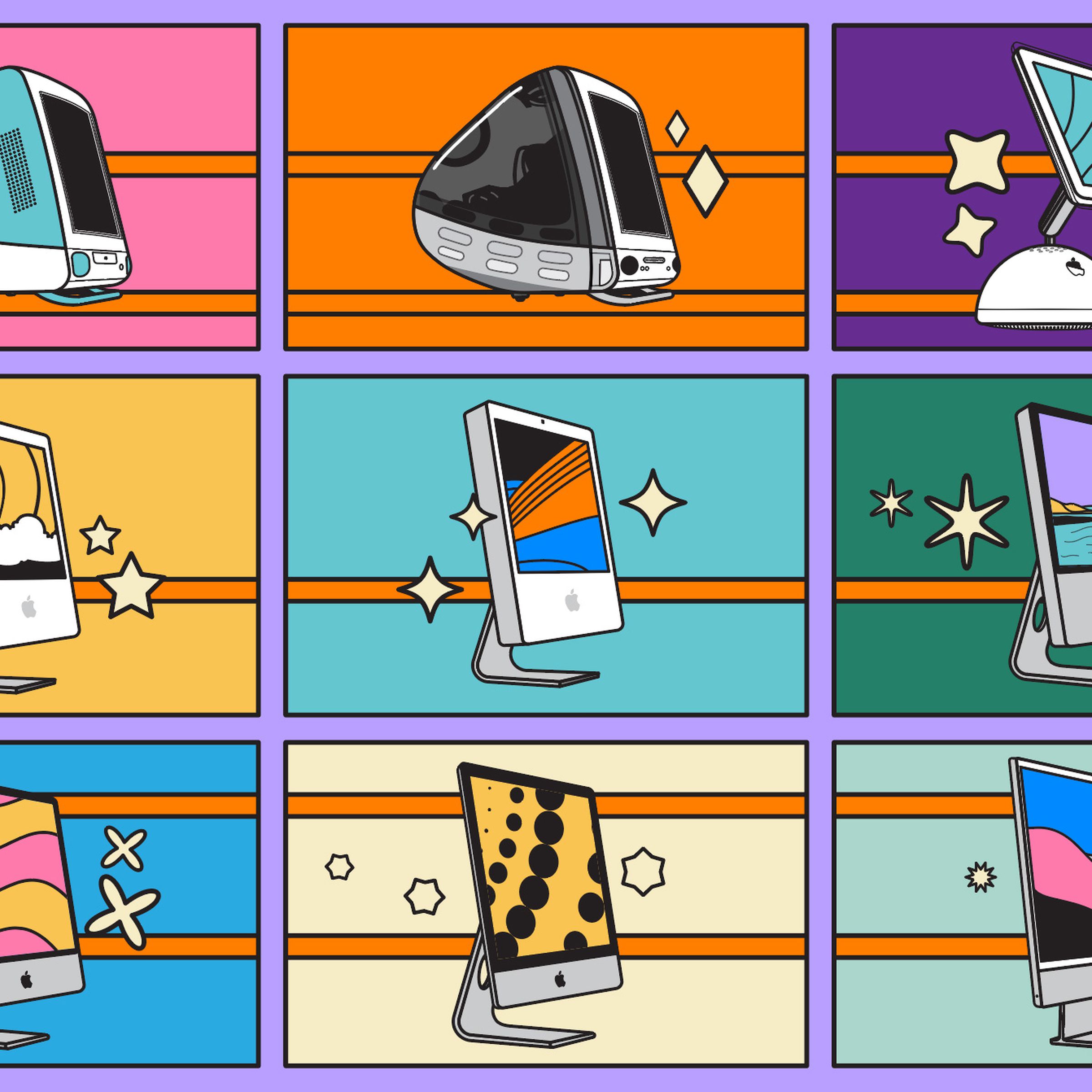 illustrations of each iMac design iteration in a grid of nine squares and a swirling line following them chronologically.