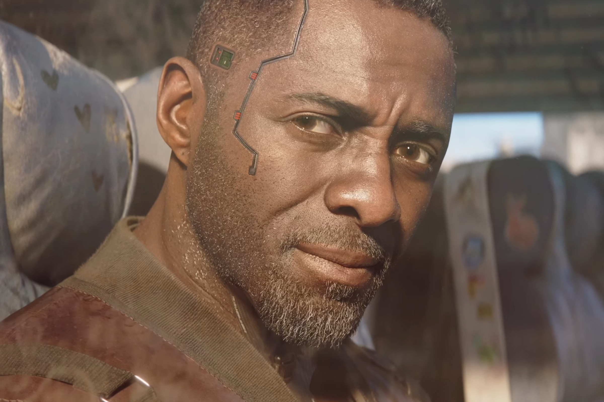 An image of Idris Elba in a trailer for Cyberpunk 2077: Phantom Liberty.