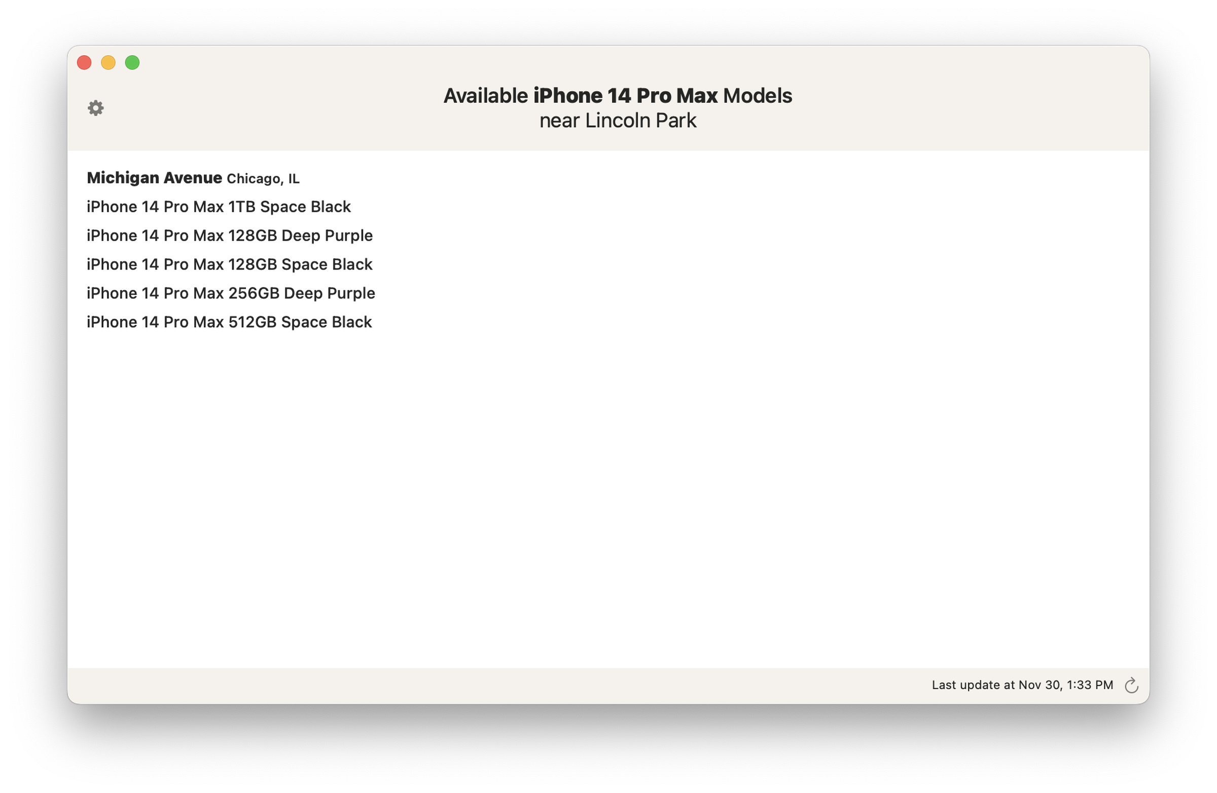 Apple mağazalarında yakındaki iPhone stoklarını izlemeye yönelik bir Mac uygulaması olan InventoryWatch'ın ekran görüntüsü.