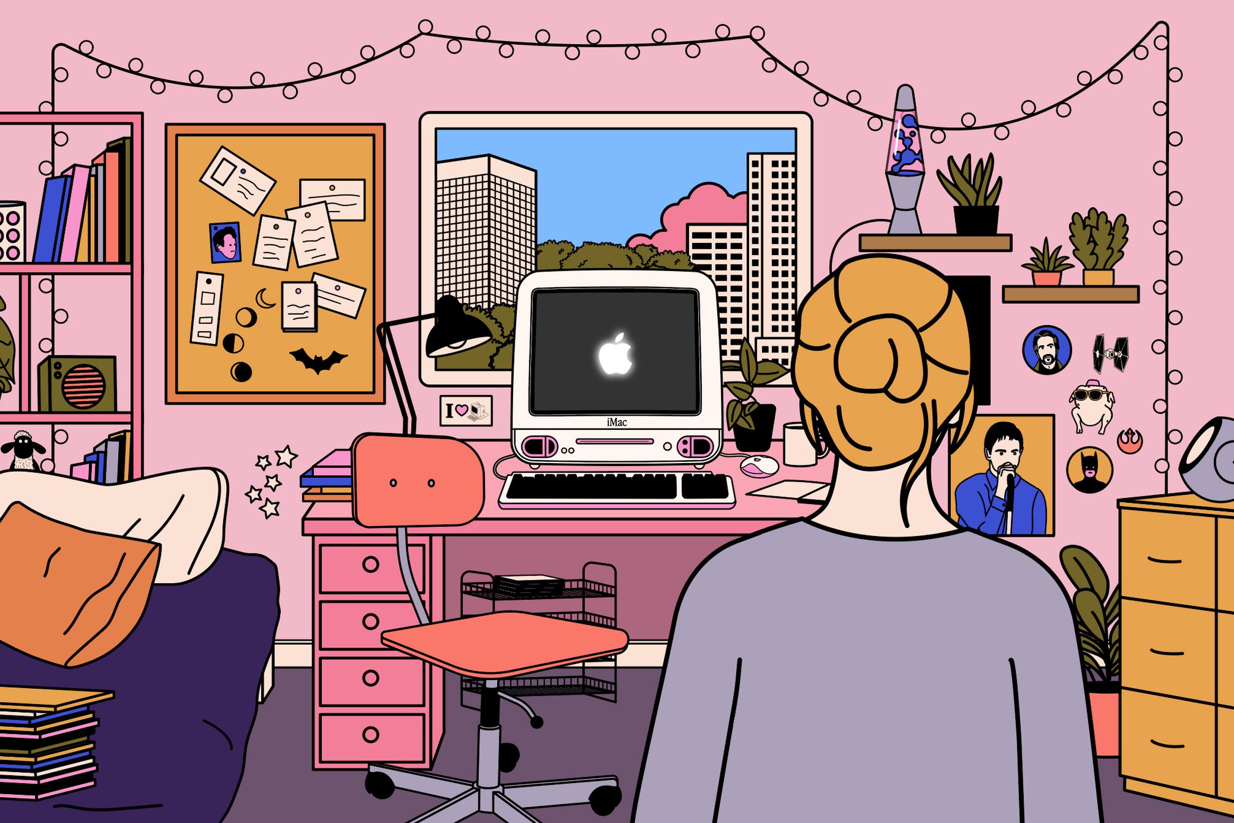 An illustration of a blonde white woman standing in a dorm staring at a large iMac on a desk.
