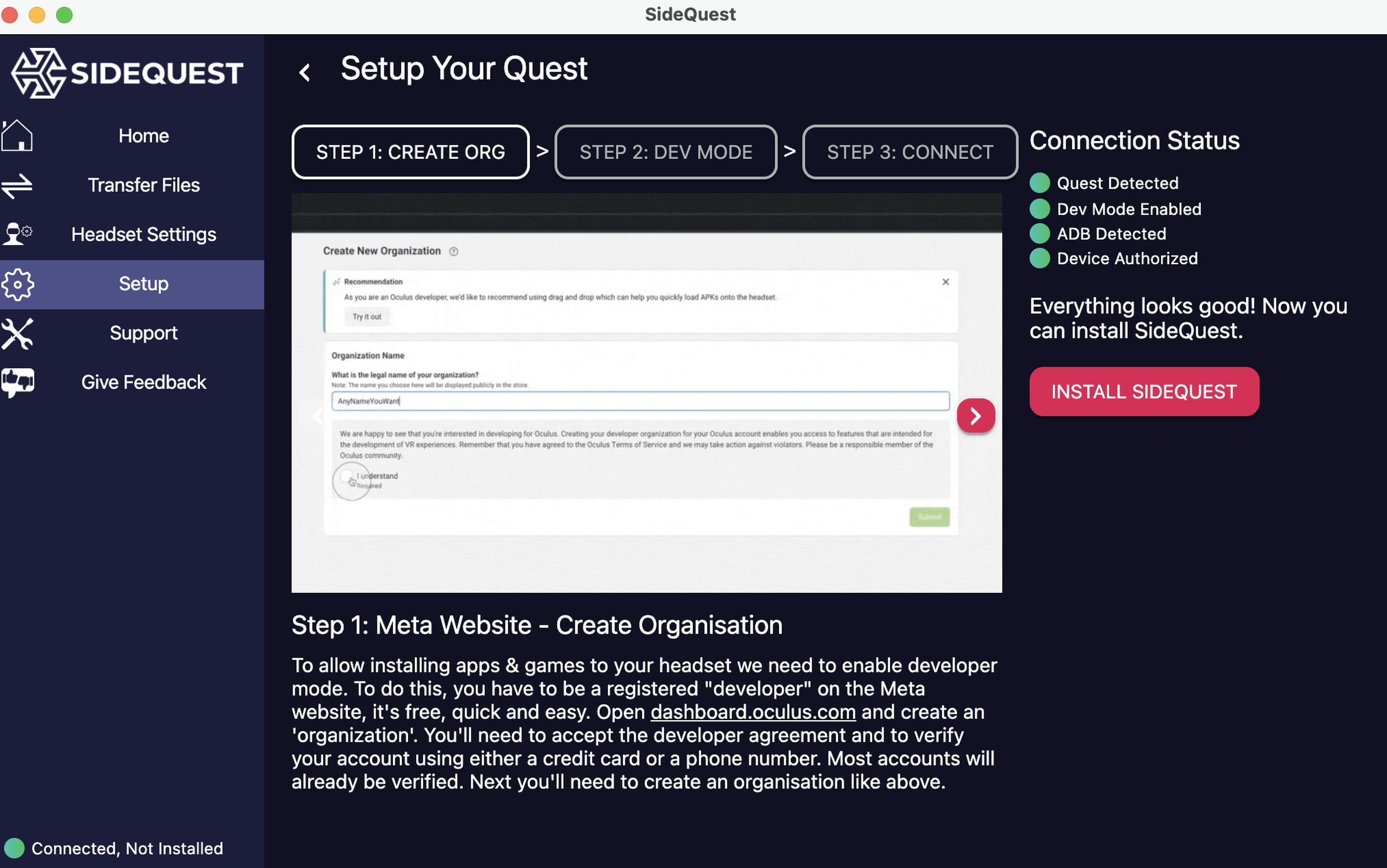 Screenshot of the SideQuest setup UI, with an Install SideQuest button.