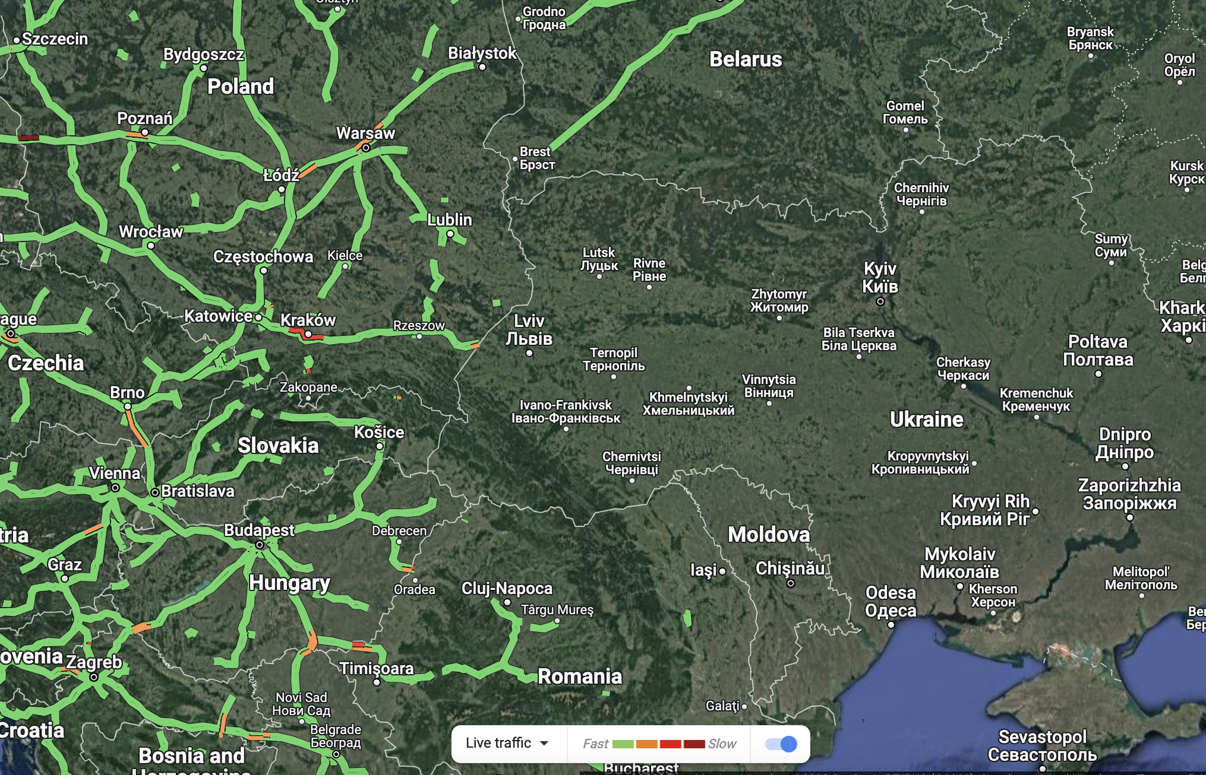 Google Maps shows traffic data in many European countries (left) but not in Ukraine (right). 