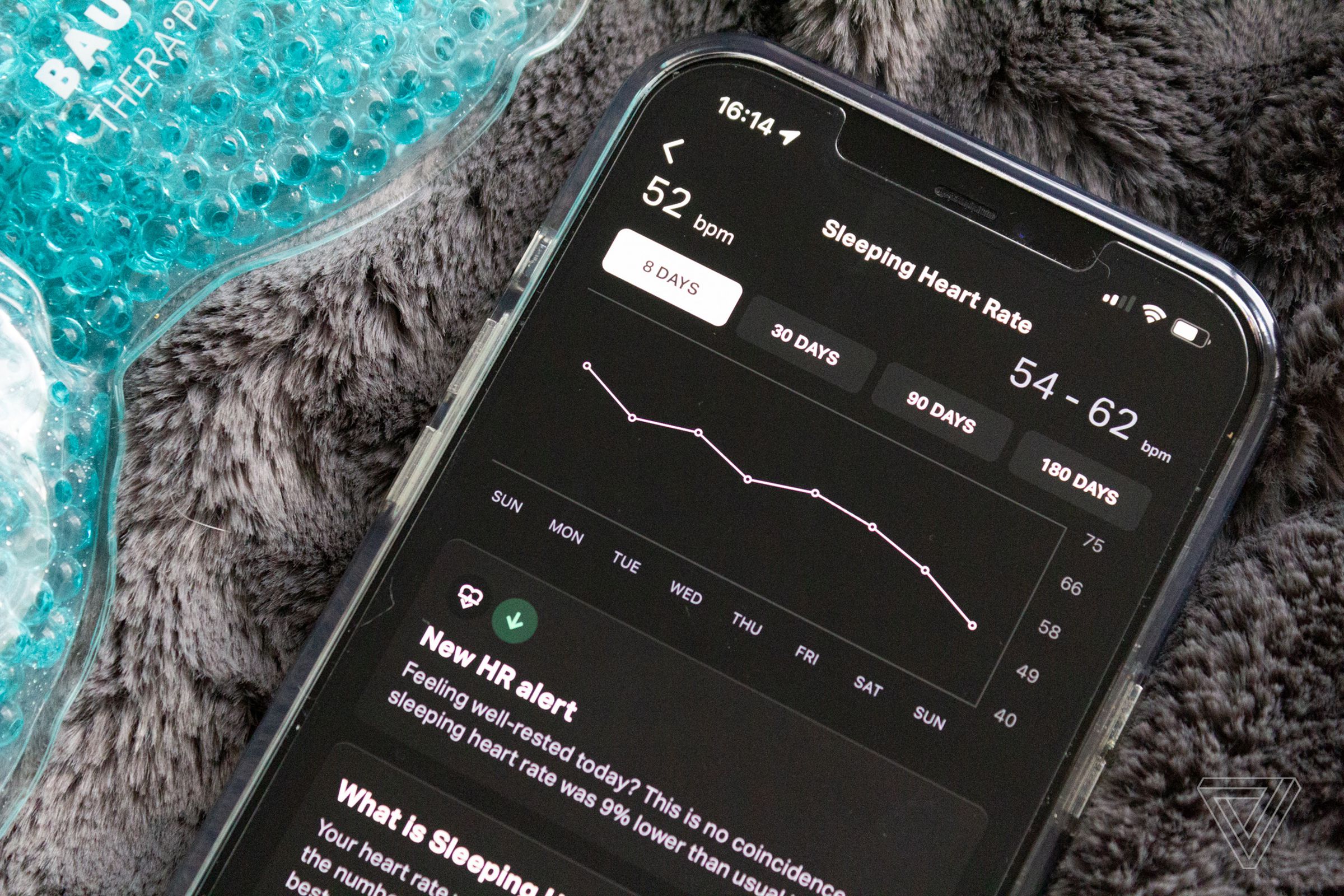 Close up of the Eight Sleep app displaying a heart rate insight