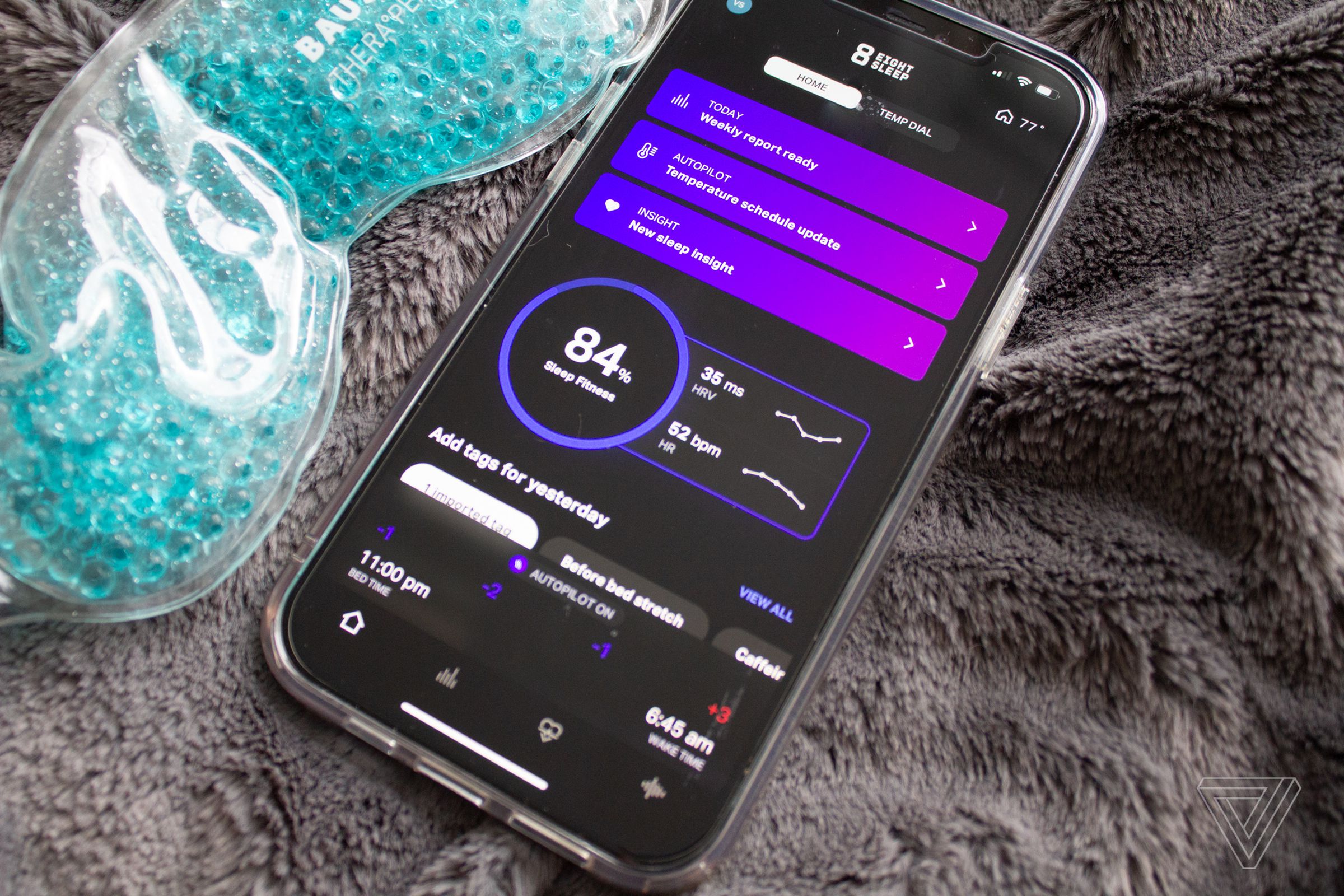 The Eight Sleep app on an iPhone displaying notifications for weekly reports and sleep insights