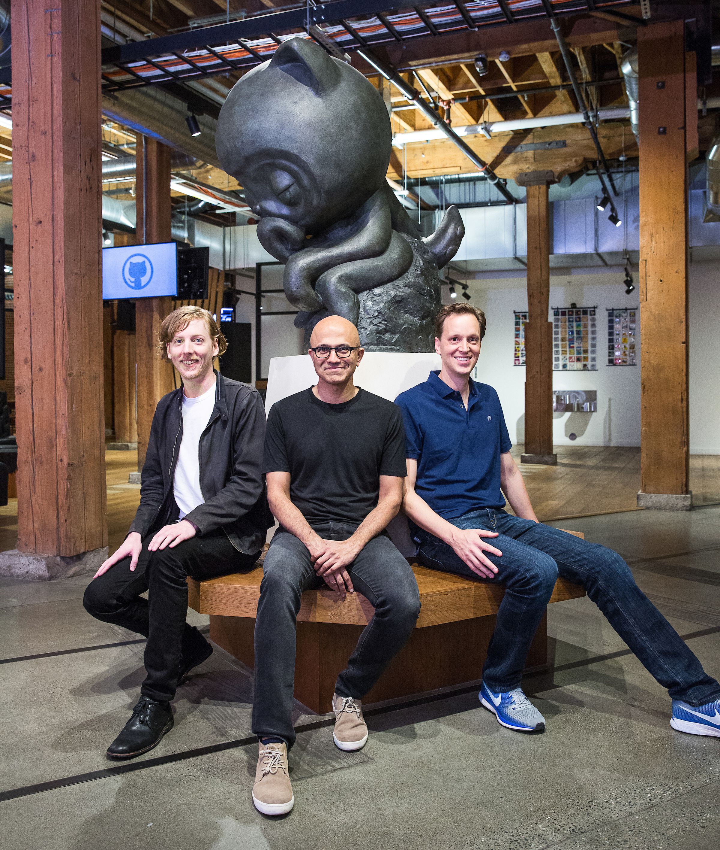 Chris Wanstrath, Github CEO and co-founder; Satya Nadella, Microsoft CEO; and Nat Friedman, Microsoft corporate vice president of developer services.