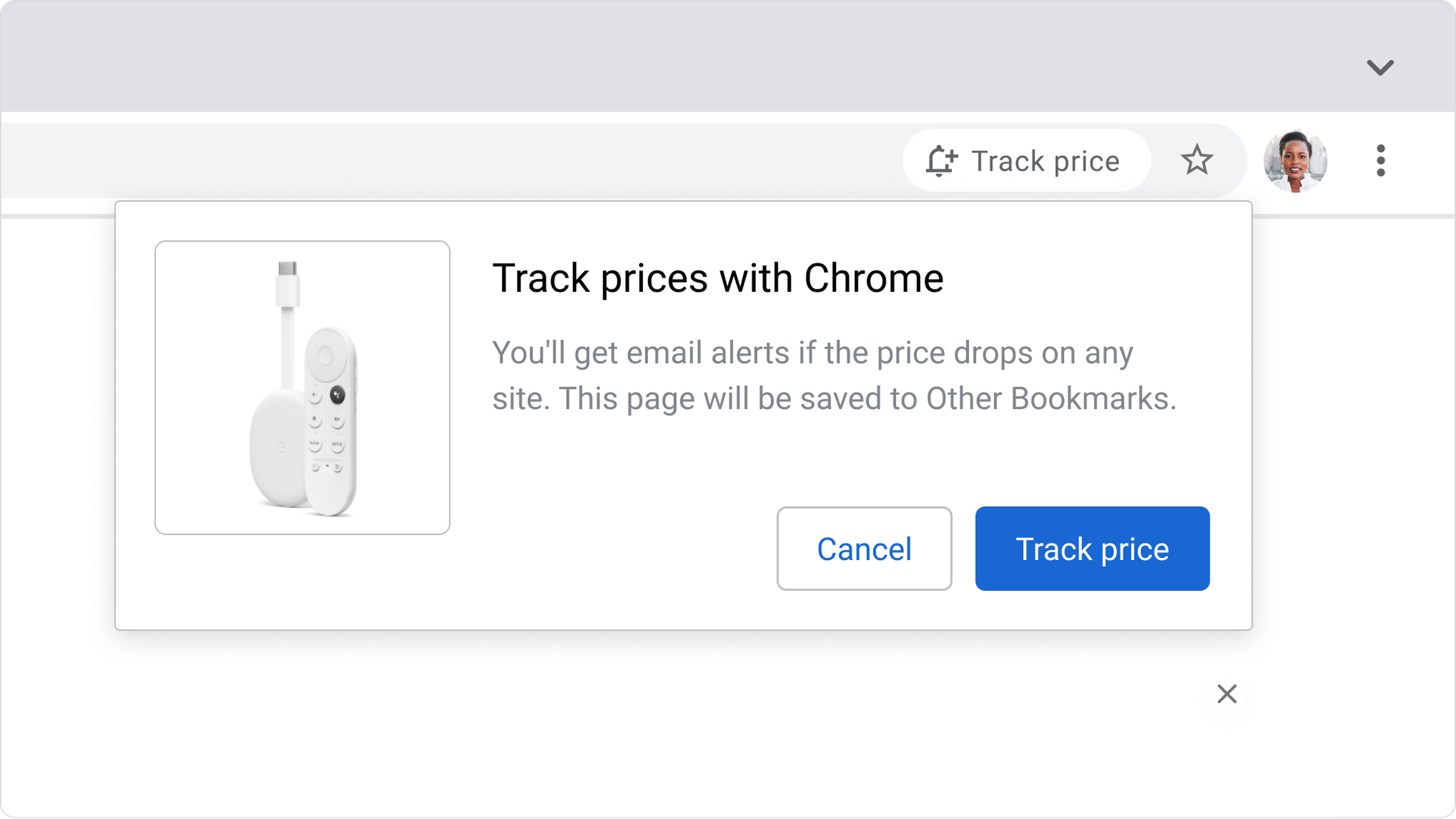 Screenshot of Google’s Track prices with Chrome feature, which shows a “track price” button.