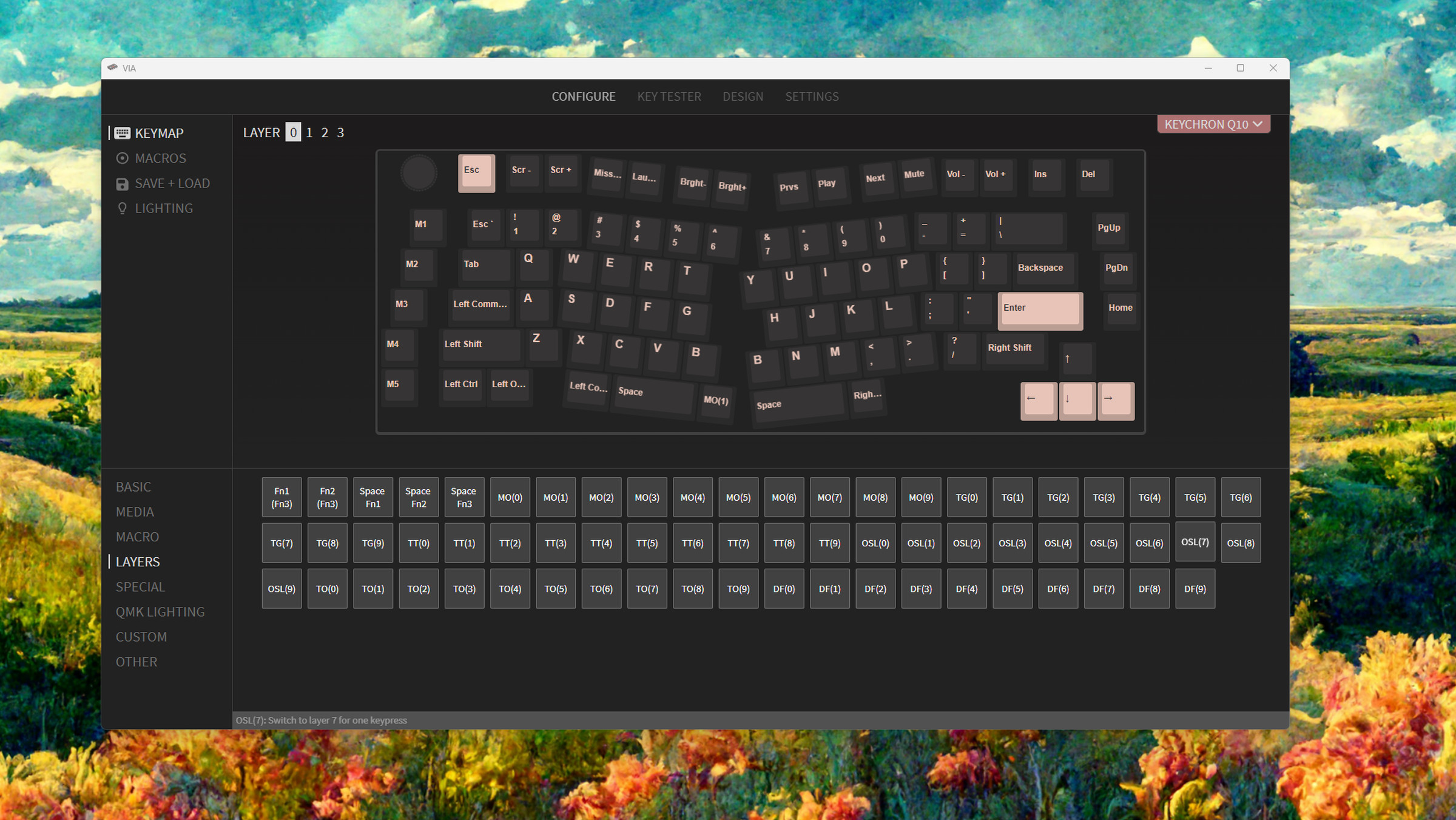 Screenshot of the VIA software showing the Keychron Q10. Several modifier keys have been remapped: Esc is where tilde lives, caps lock has been replaced with left command, and backspace is down a row.