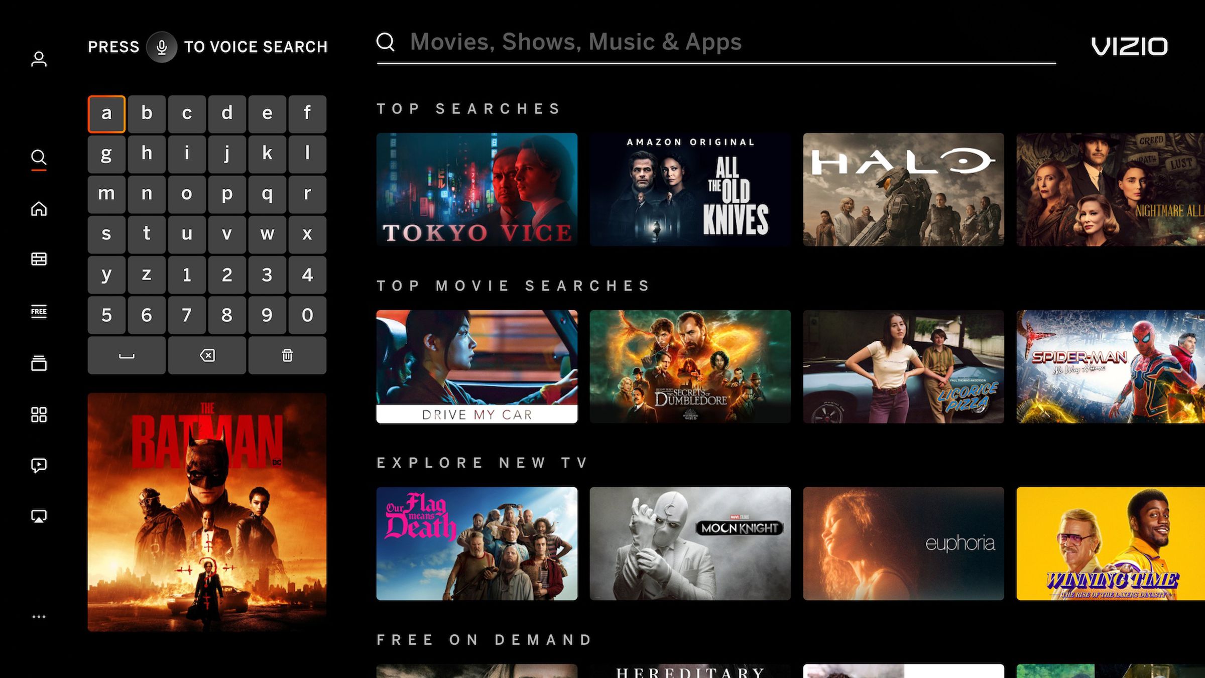 A screenshot of the search experience on Vizio Home Screen.