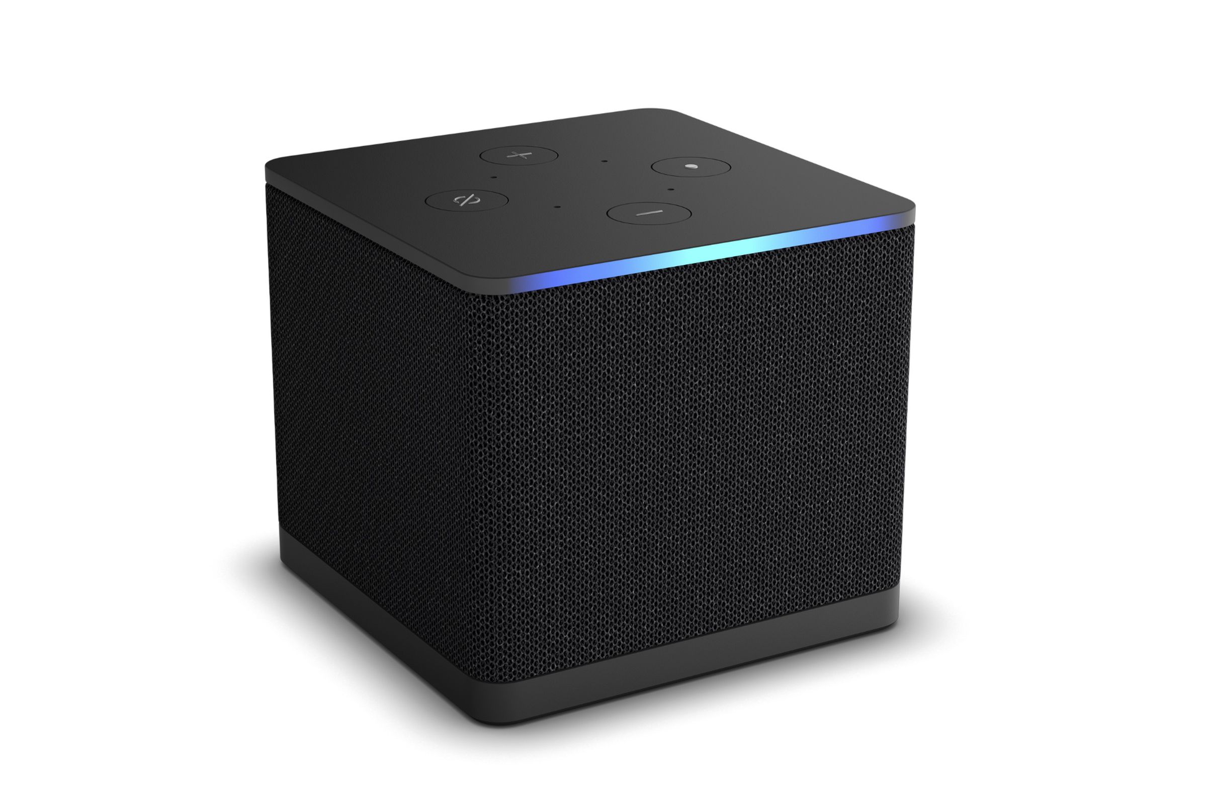A marketing render of the Amazon Fire TV Cube (2022) as seen from an angle slightly above and to the left.