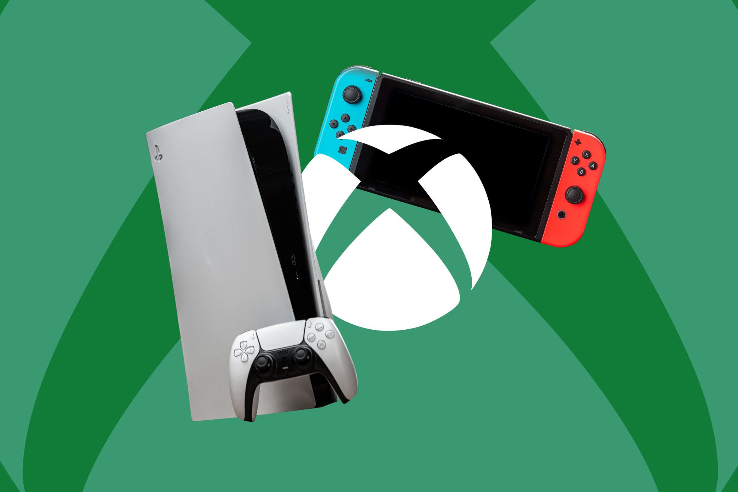 Illustration of a PS5 and a Nintendo Switch next to the Xbox logo.