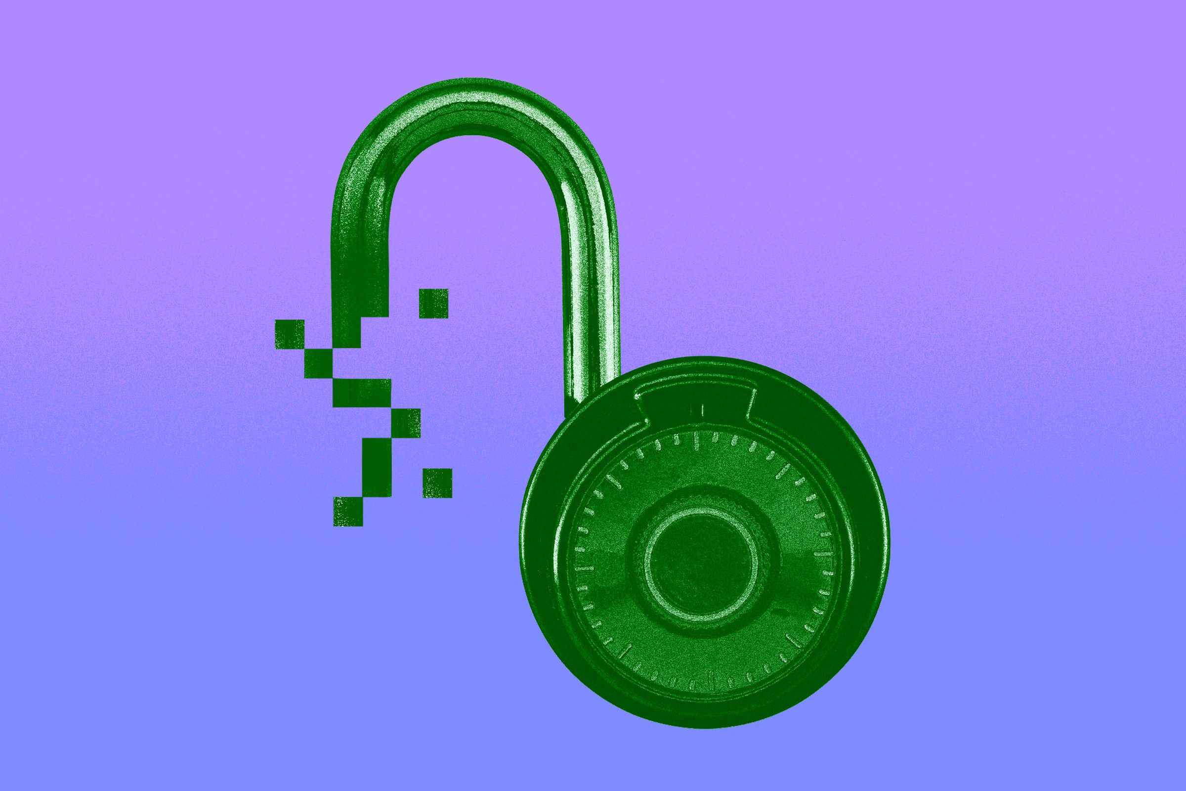 Illustration of a closed combination lock turning into pixels, implying a data breach or a lack of security.