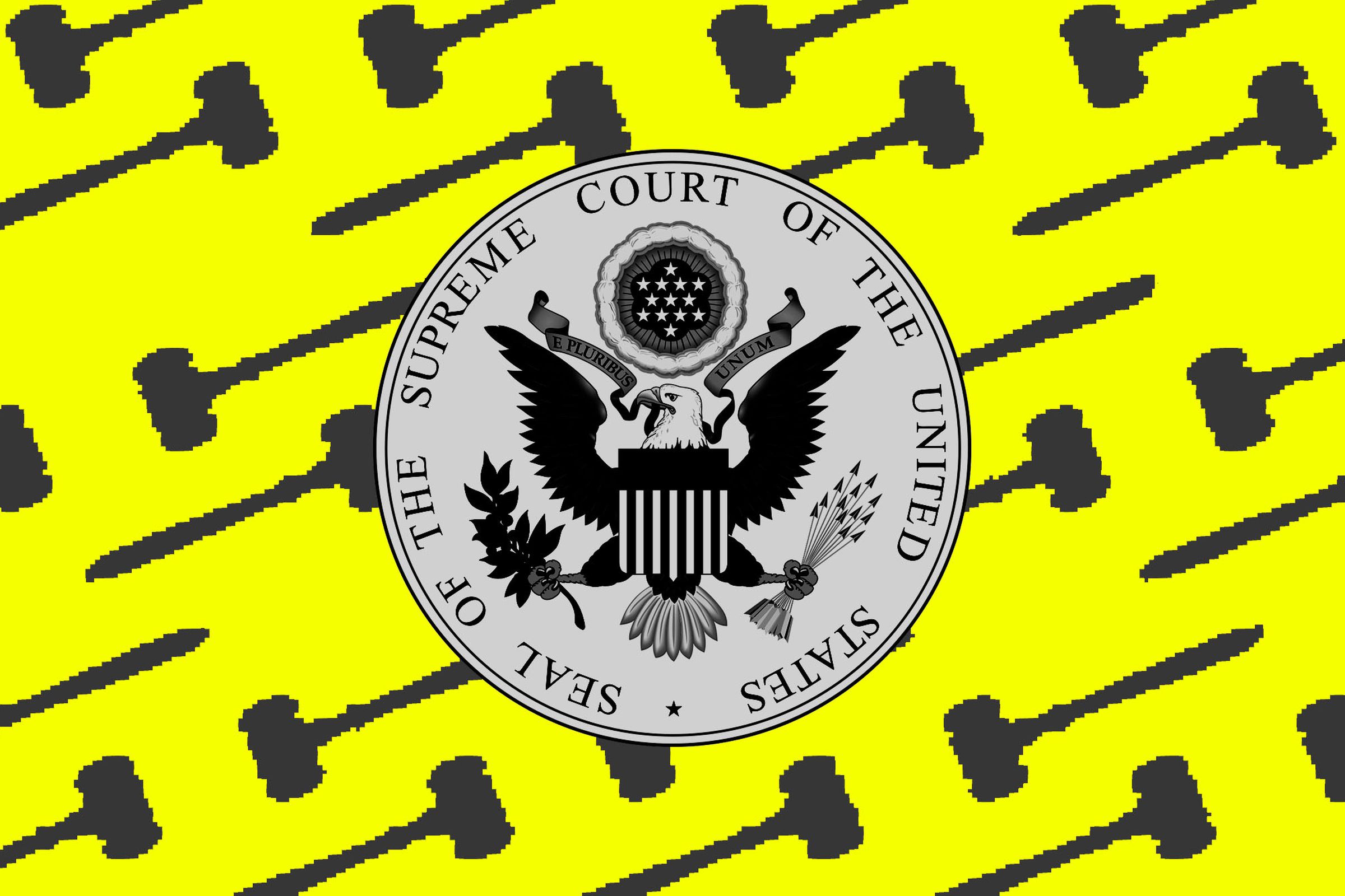 Photo illustration of the seal of the Supreme Court building with gavels behind.