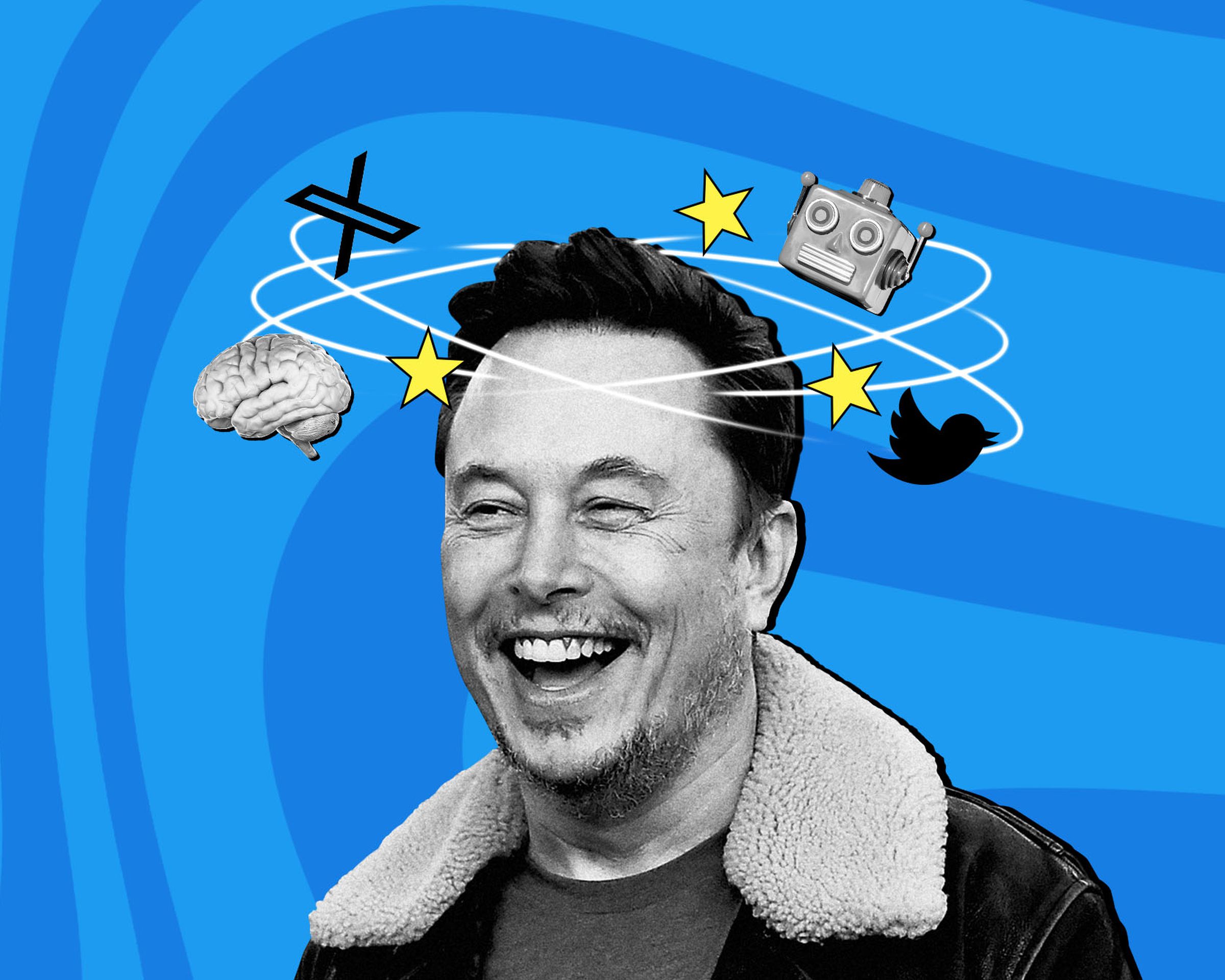 Photo illustration of Elon Musk with stars flying around his head in a cartoon-like fashion, as if he is dizzy.