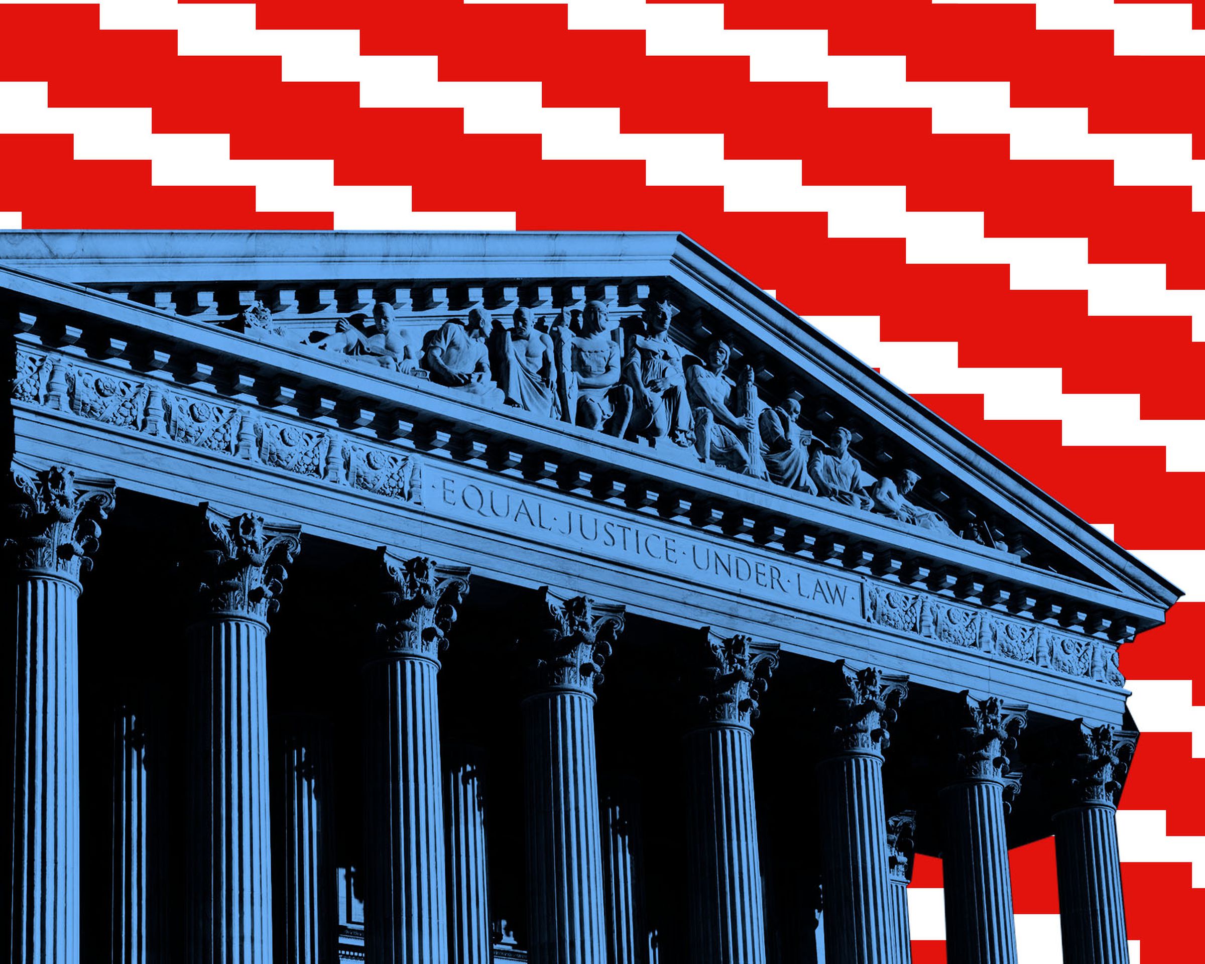 Photo illustration of the Supreme Court building with pixelated red and white stripes.