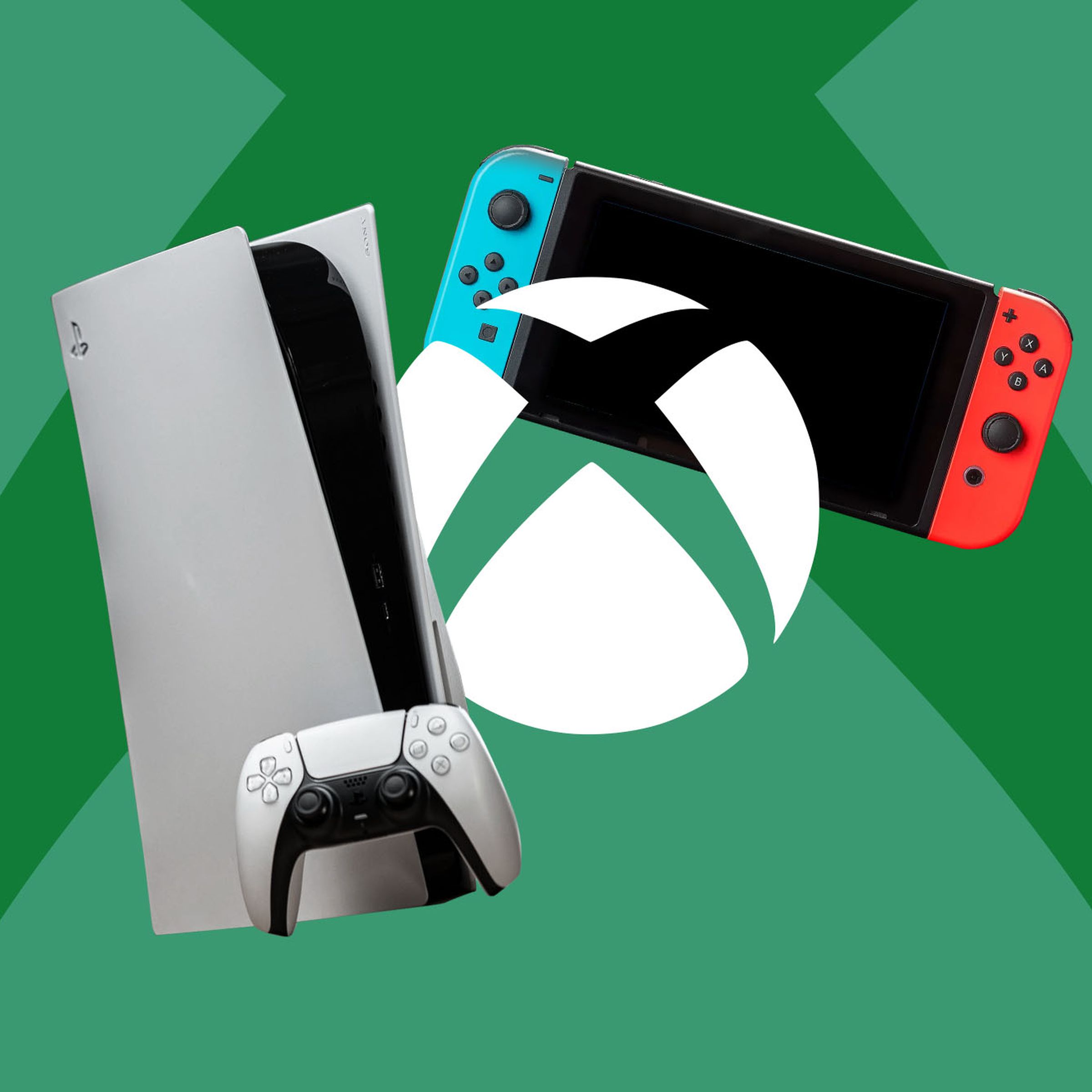 Illustration of a PS5 and a Nintendo Switch next to the Xbox logo.