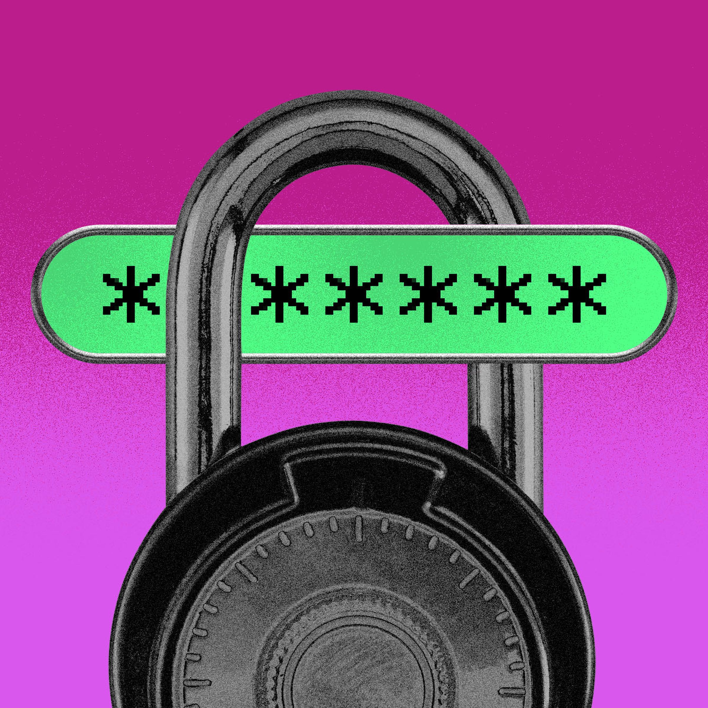 Illustration of a password above a closed combination lock.