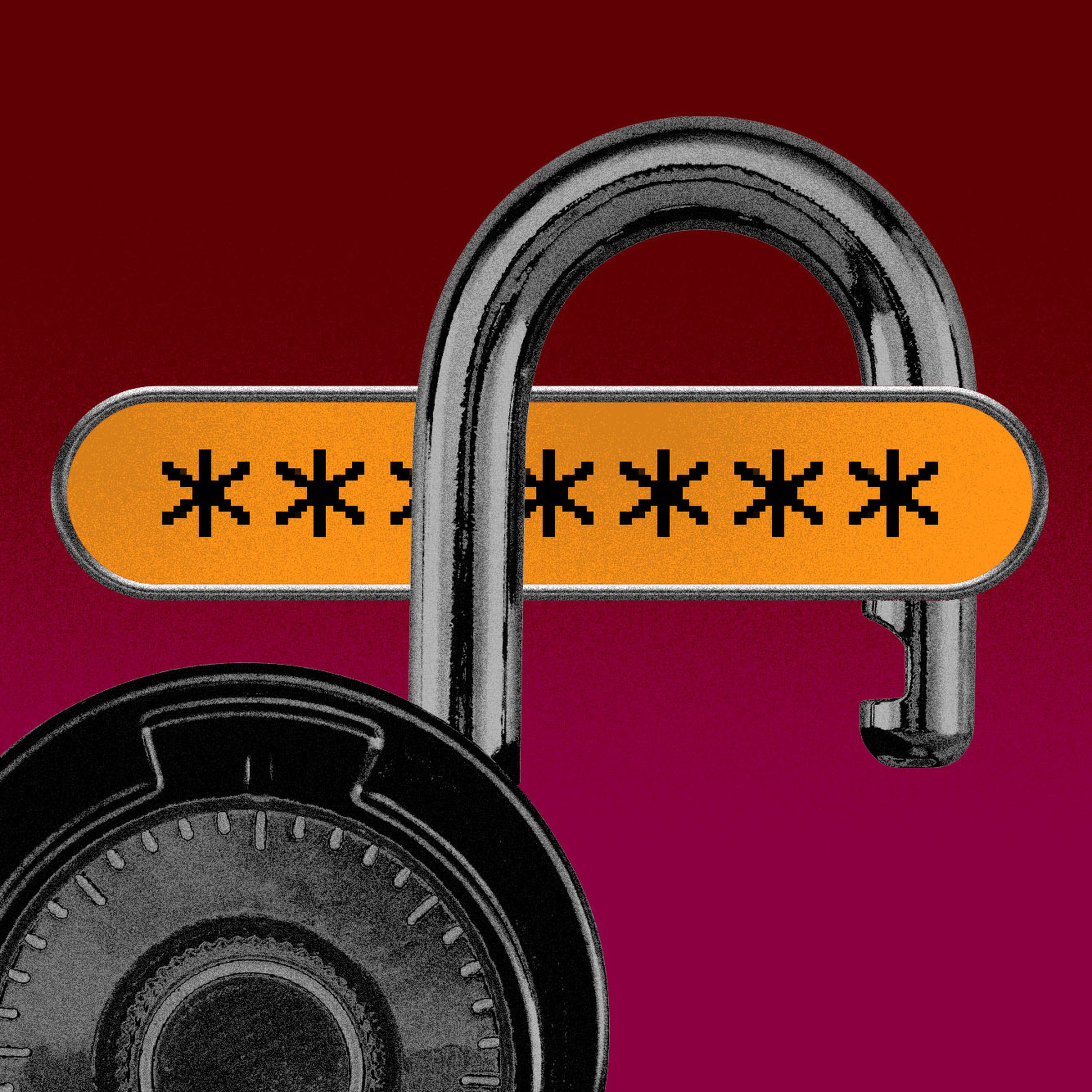 Illustration of a password above an open combination lock, implying a data breach.