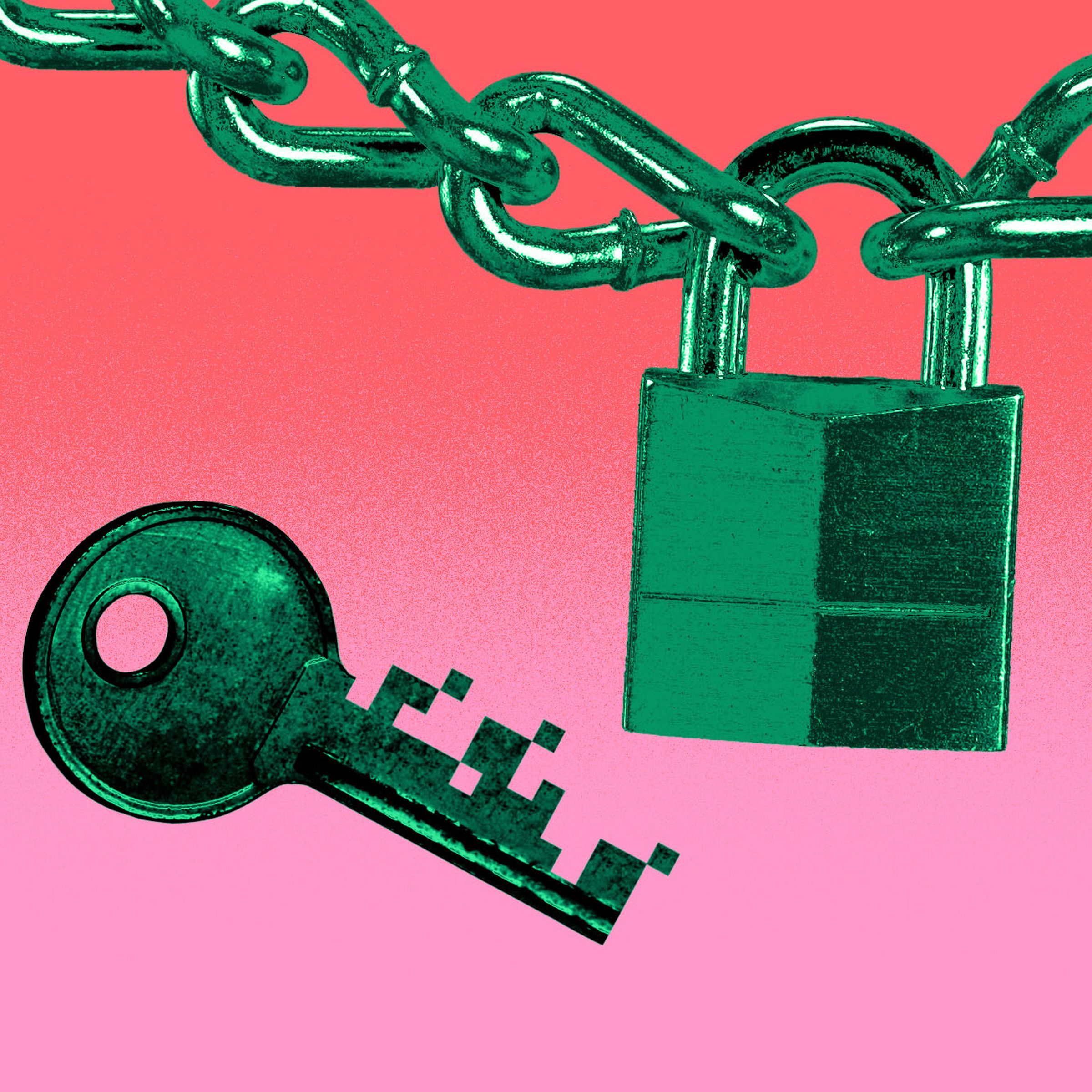 Illustration of a pixelated key next to a padlock and chain, implying online data security.