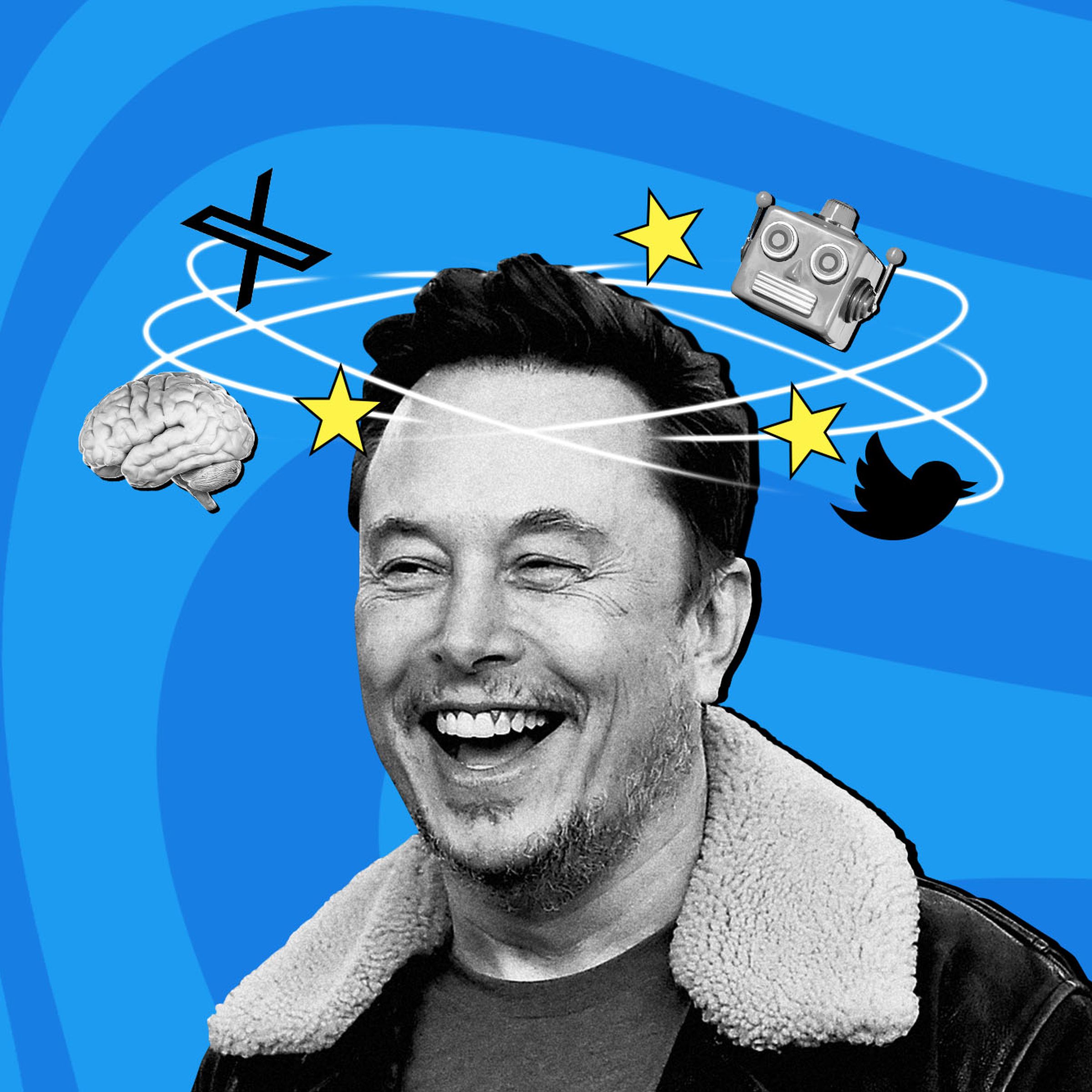 Photo illustration of Elon Musk with stars flying around his head in a cartoon-like fashion, as if he is dizzy.
