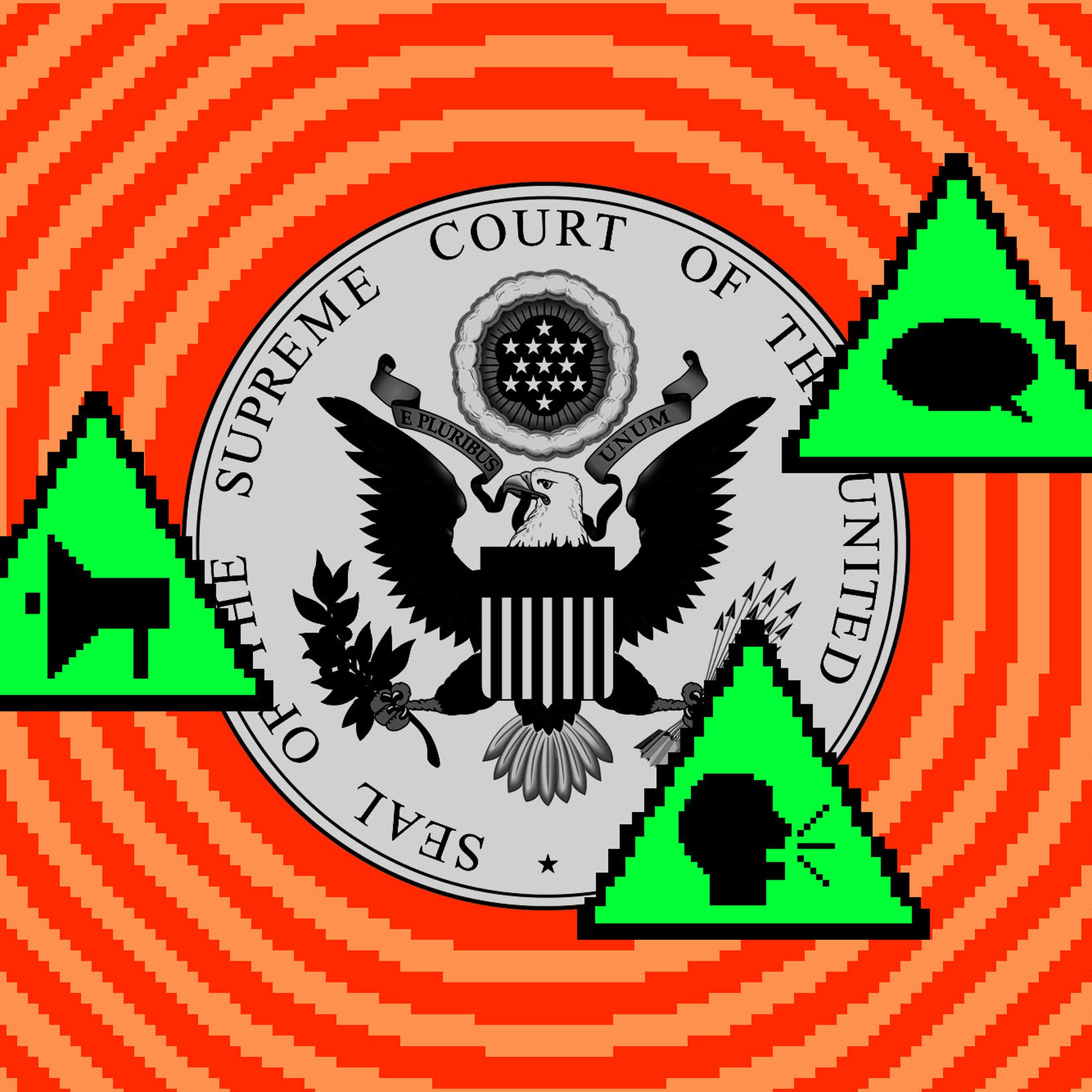 Photo illustration of the seal of the Supreme Court building with warning signs.
