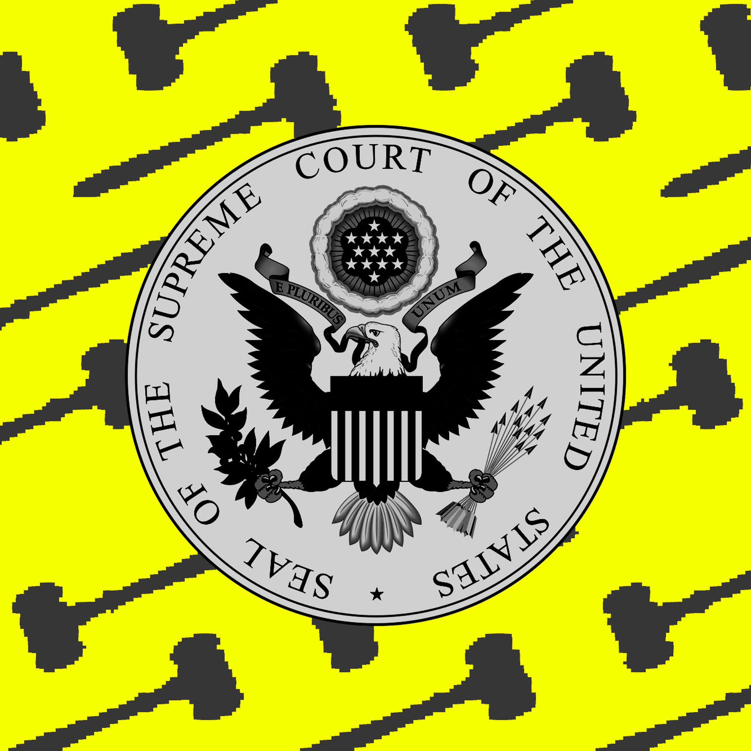 Photo illustration of the seal of the Supreme Court building with gavels behind.