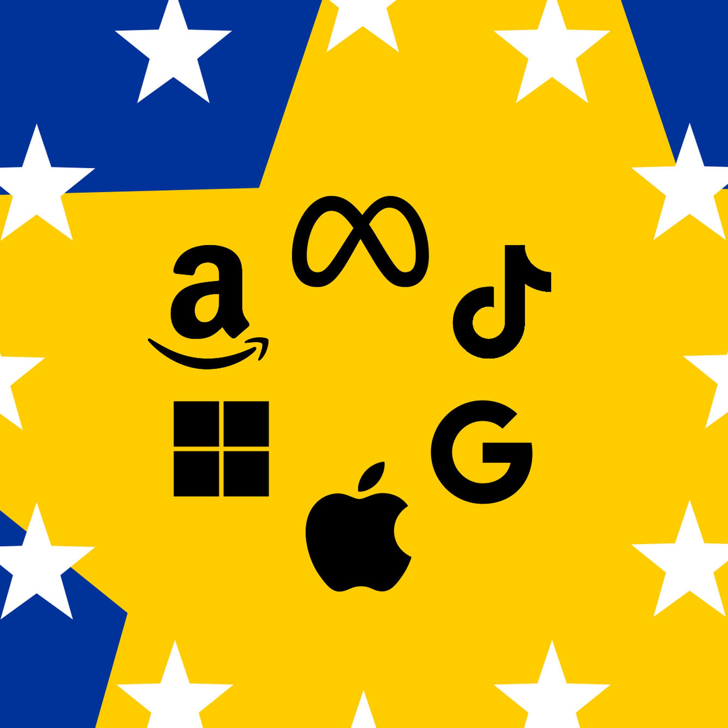 Logos of various big tech companies with aspects of the EU flag.
