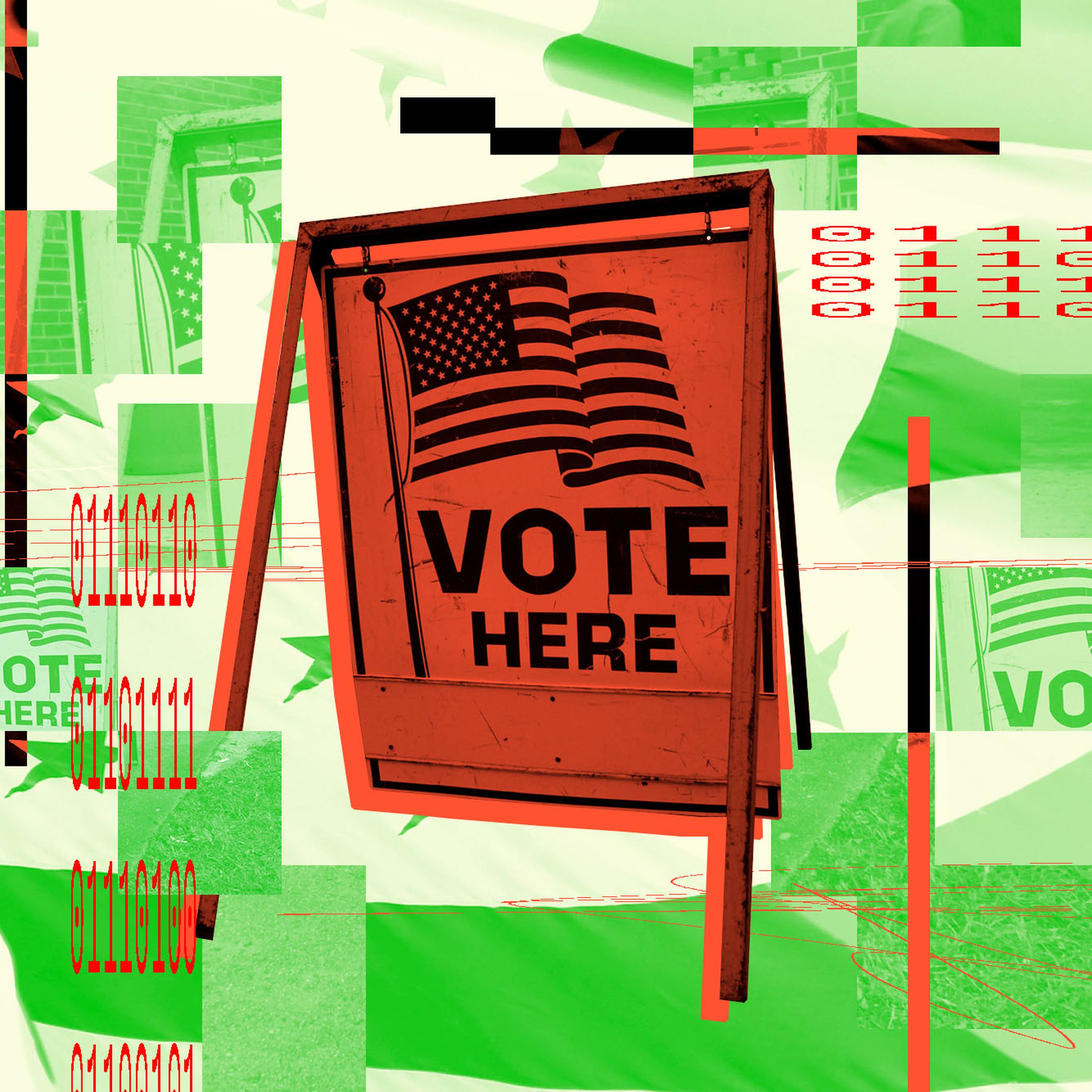 Graphic photo illustration of a voting sign that reads “Vote here”.