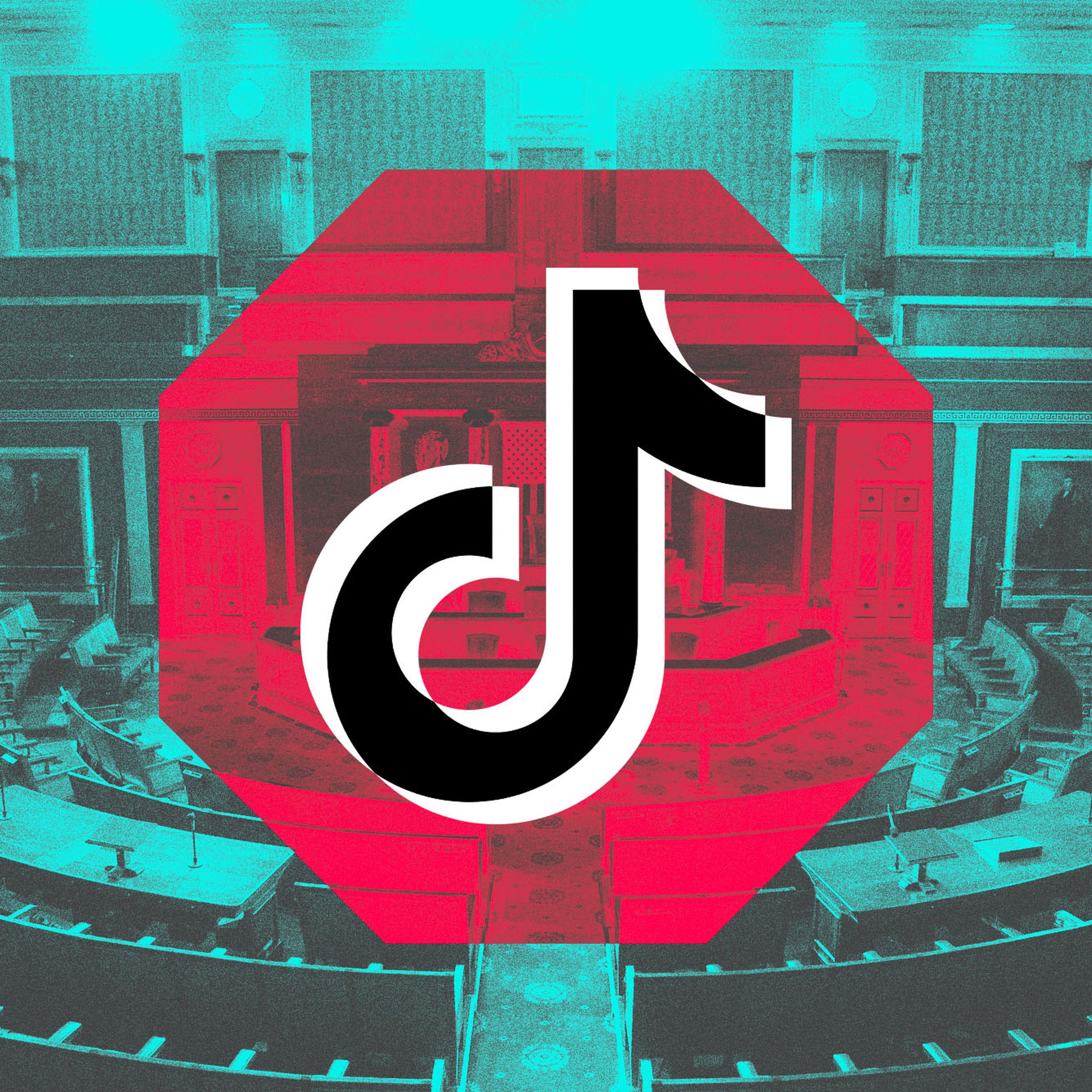Graphic photo illustration of the TikTok logo in a stop sign overlayed on a photo of Congress.