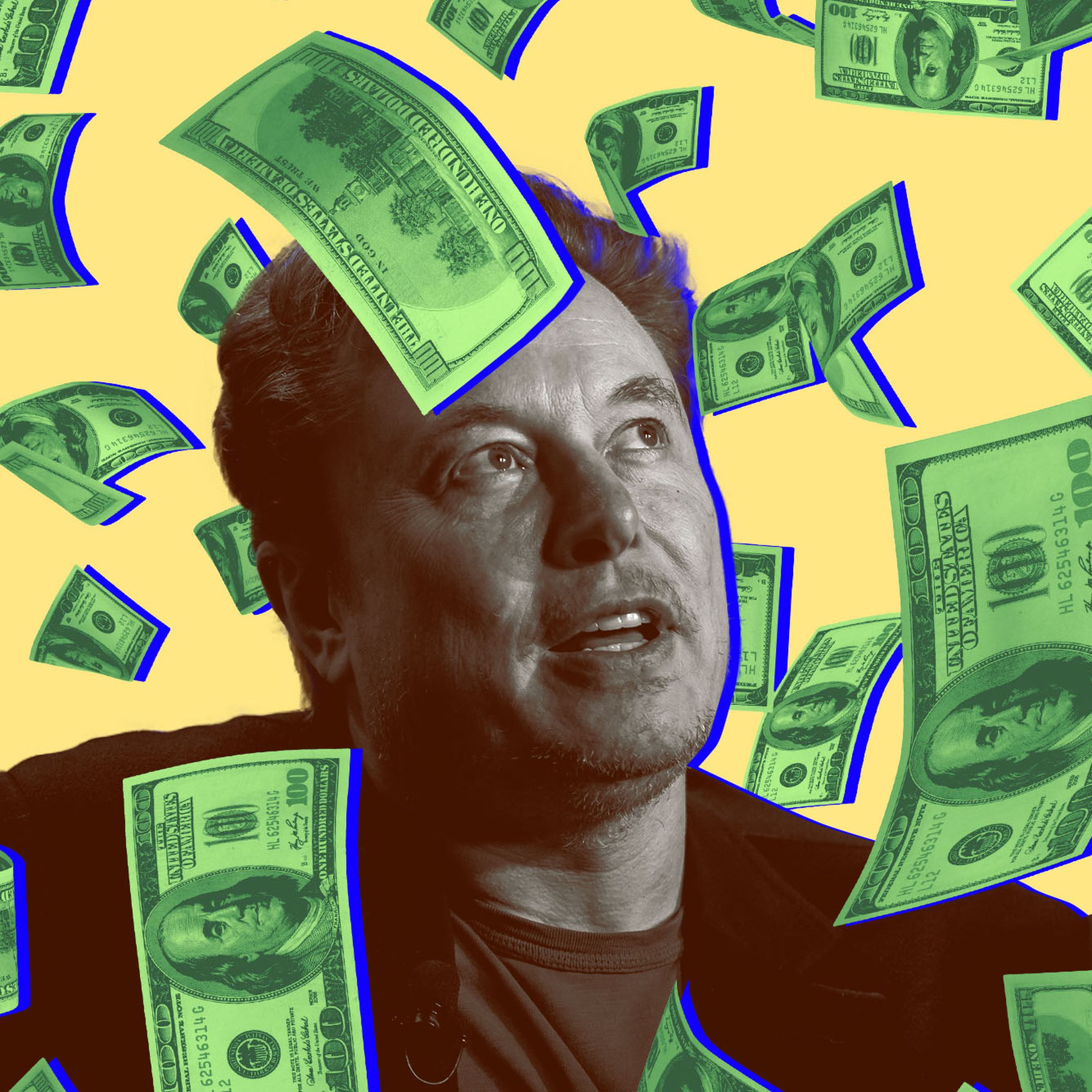 Photo illustration of Elon Musk surrounded by raining dollar bills.