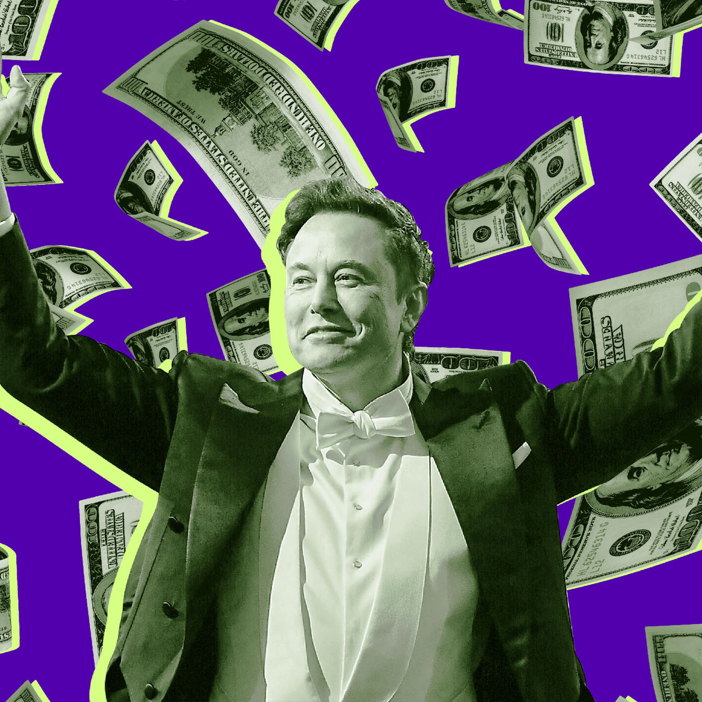 Photo illustration of Elon Musk surrounded by raining dollar bills.