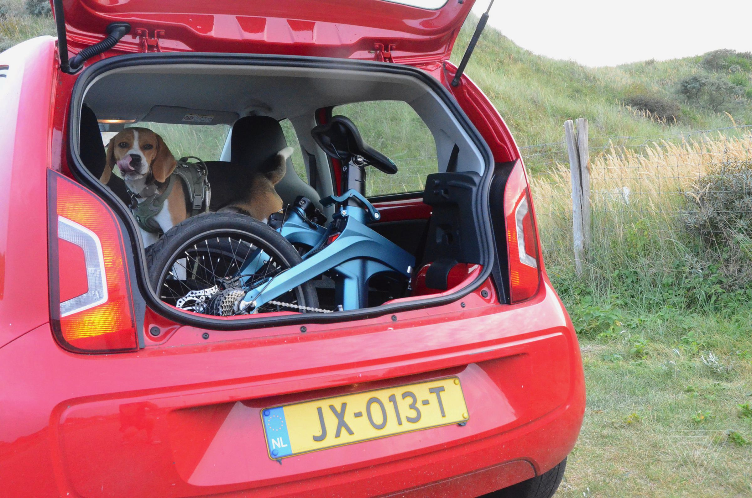 The Fiido X easily fits inside one of VW’s smallest cars.