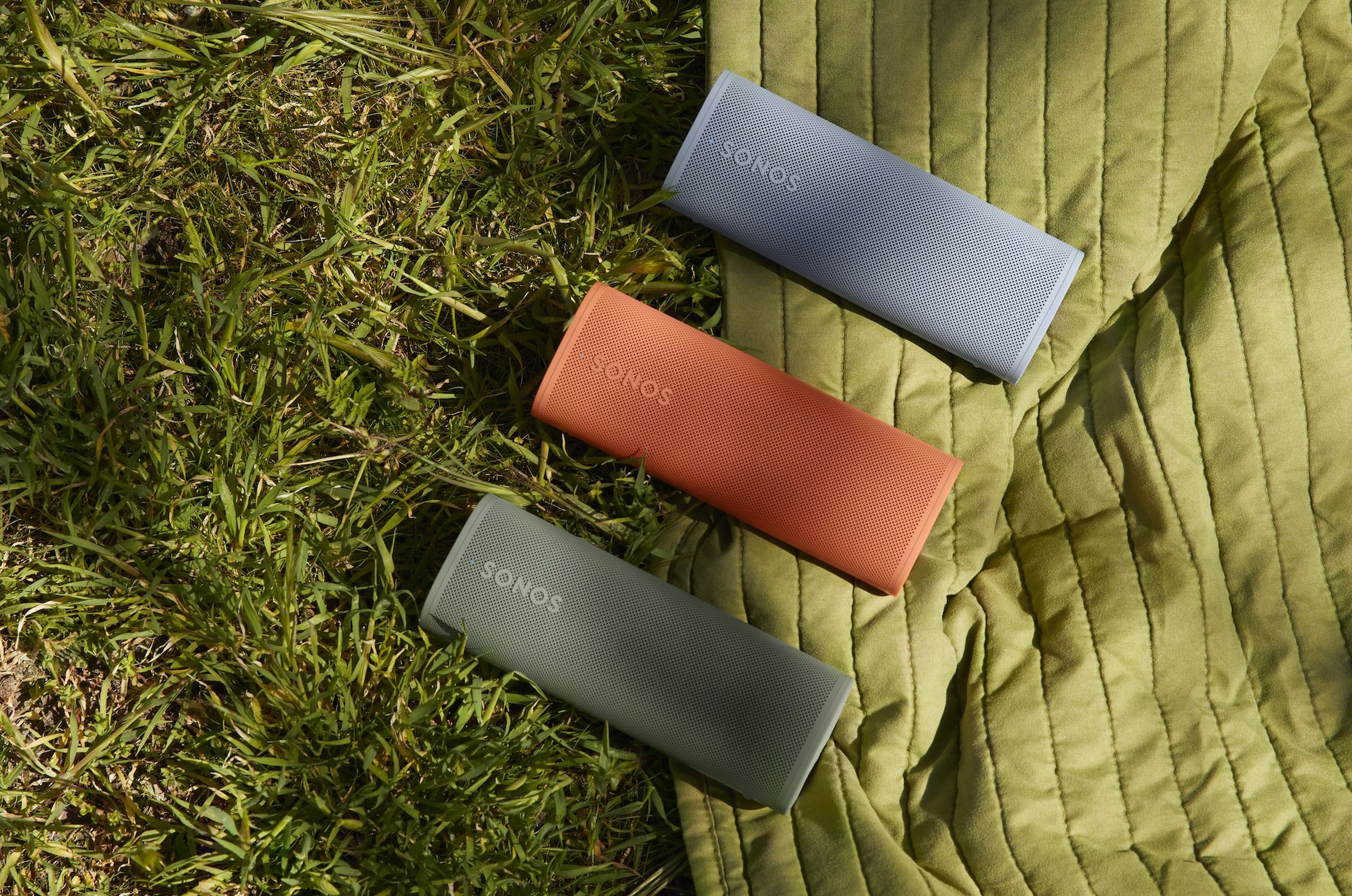 A marketing image of three Sonos Roam 2 speakers.