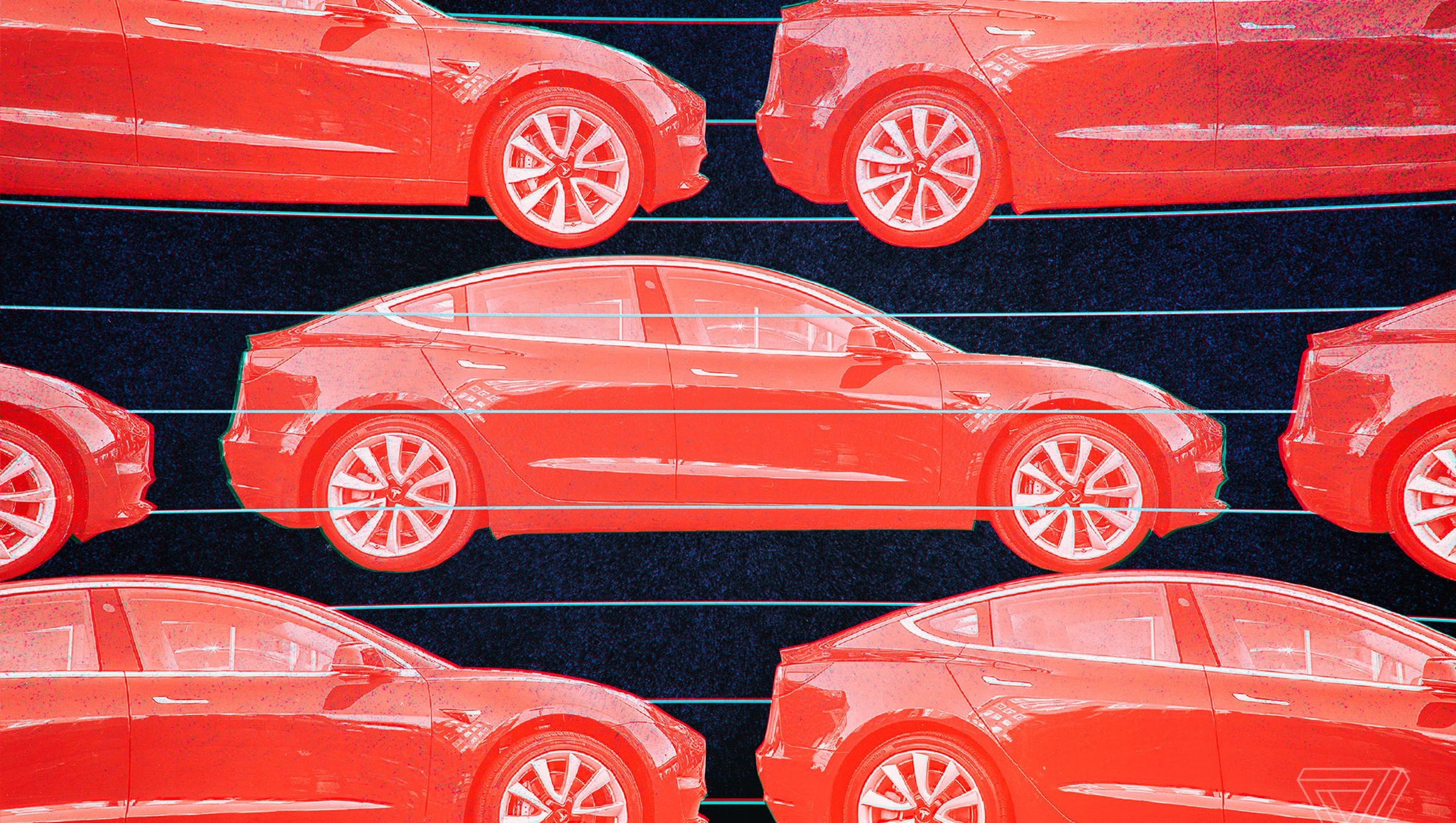 Illustration depicting multiple red Tesla sedans on a black background.