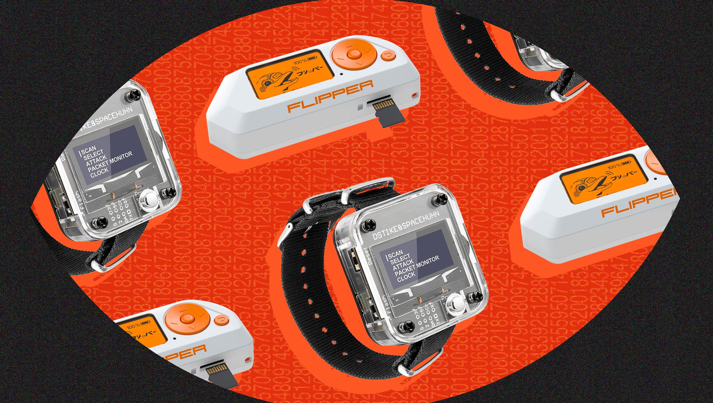 An eye-shaped opening reveals a Flipper Mini and open-hardware watch, set against an orange background.